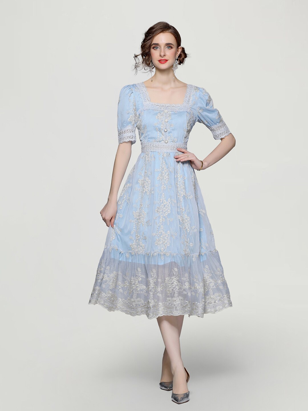 

JC Collection Floral Embroidered Fit & Flare Dress, Blue