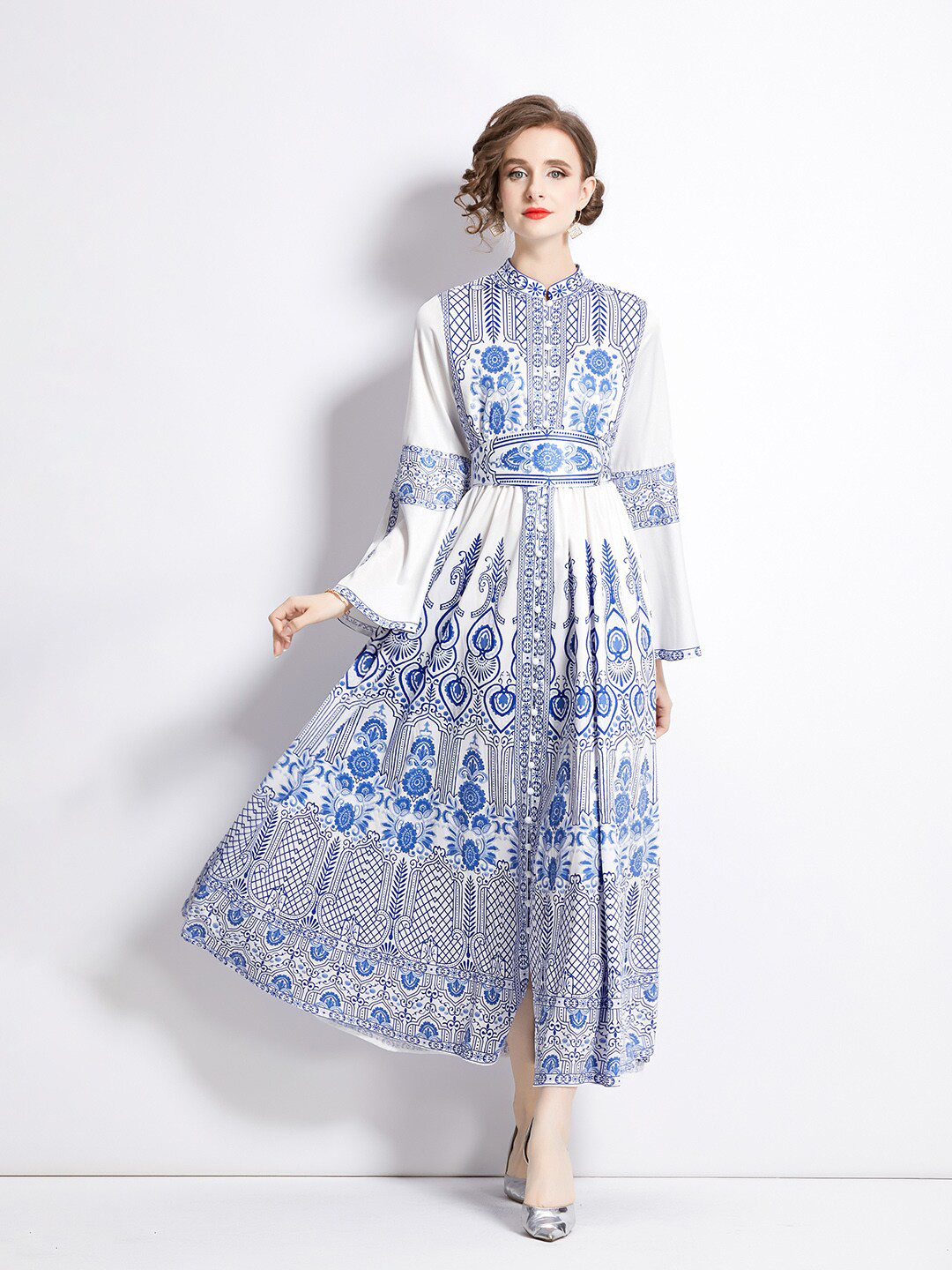 

JC Collection Ethnic Motif Printed Bell Sleeves Midi Fit and Flare Dress, White