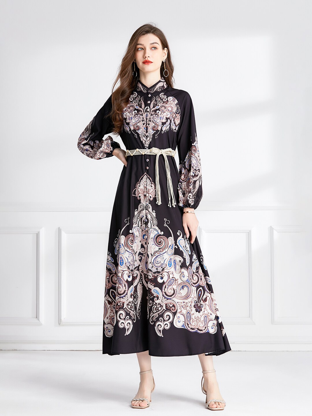 

JC Collection Ethnic Motifs Printed Gathered Shirt Dress, Black