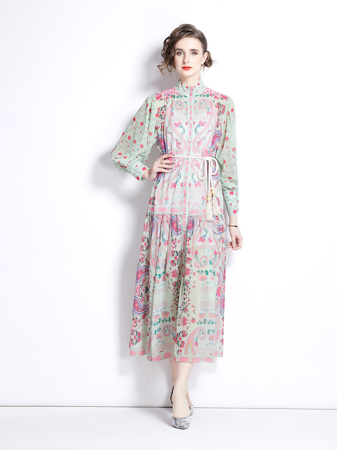

JC Collection Ethnic Motifs Printed High Neck A-Line Midi Dress, Green