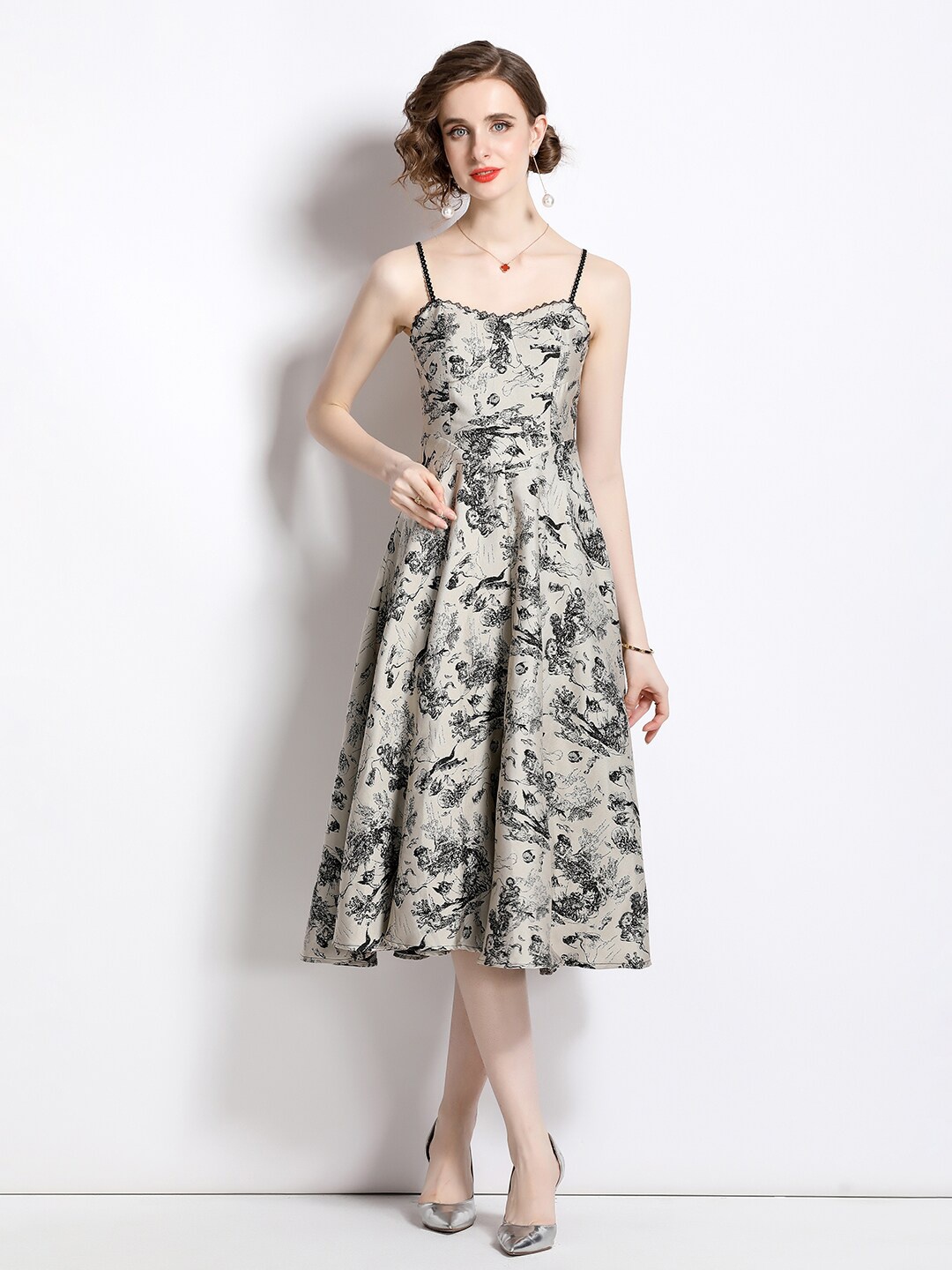 

JC Collection Floral Printed Shoulder Straps Midi Fit & Flare Dress, Grey