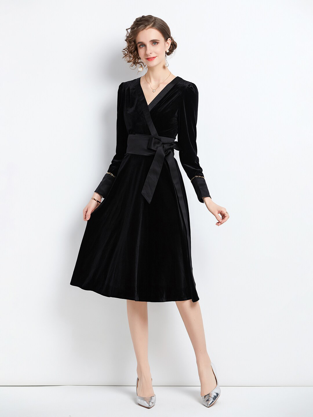 

JC Collection V-Neck A-Line Dress, Black