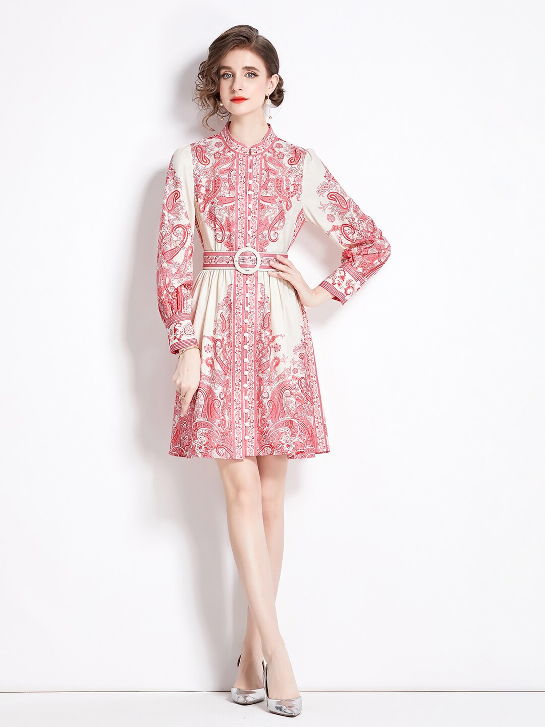 

JC Collection Mandarin Collar Ethnic Motifs Printed Belted Fit And Flare Dress, Off white