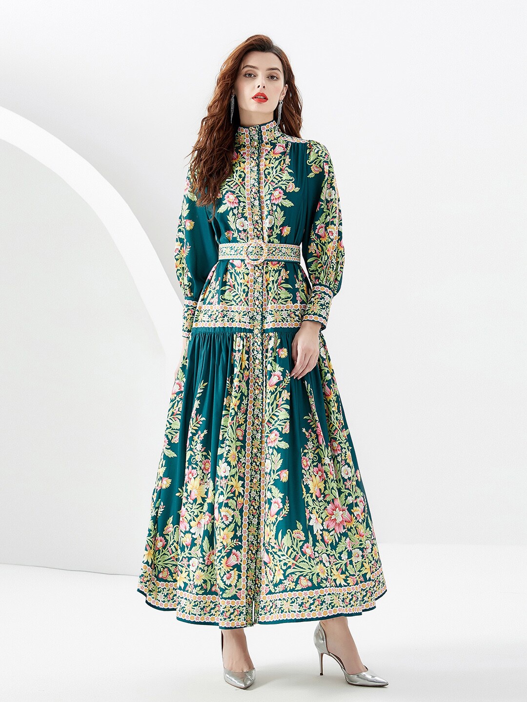 

JC Collection Floral Printed High Neck Puff Sleeves Fit & Flare Maxi Dress, Green