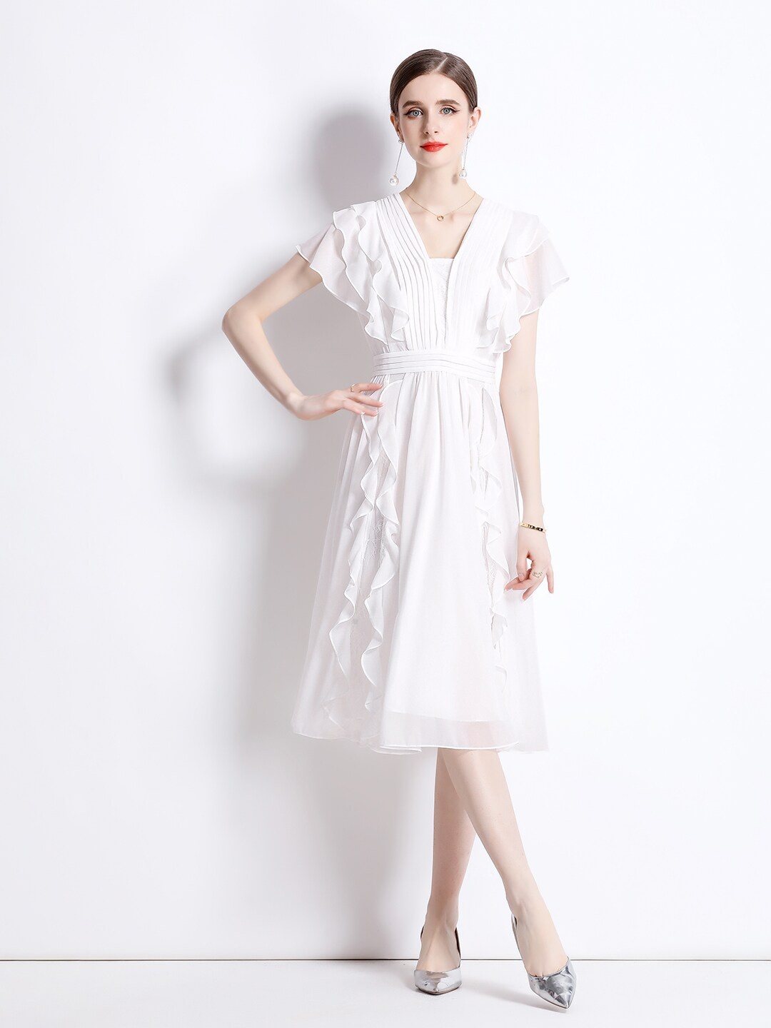 

JC Collection Ruffles Fit and Flare Midi Dress, White