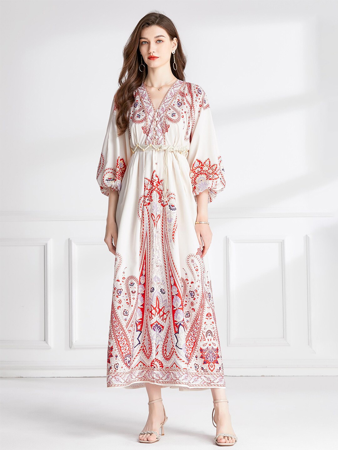 

JC Collection Ethnic Motifs Printed V- Neck Maxi Dress, White