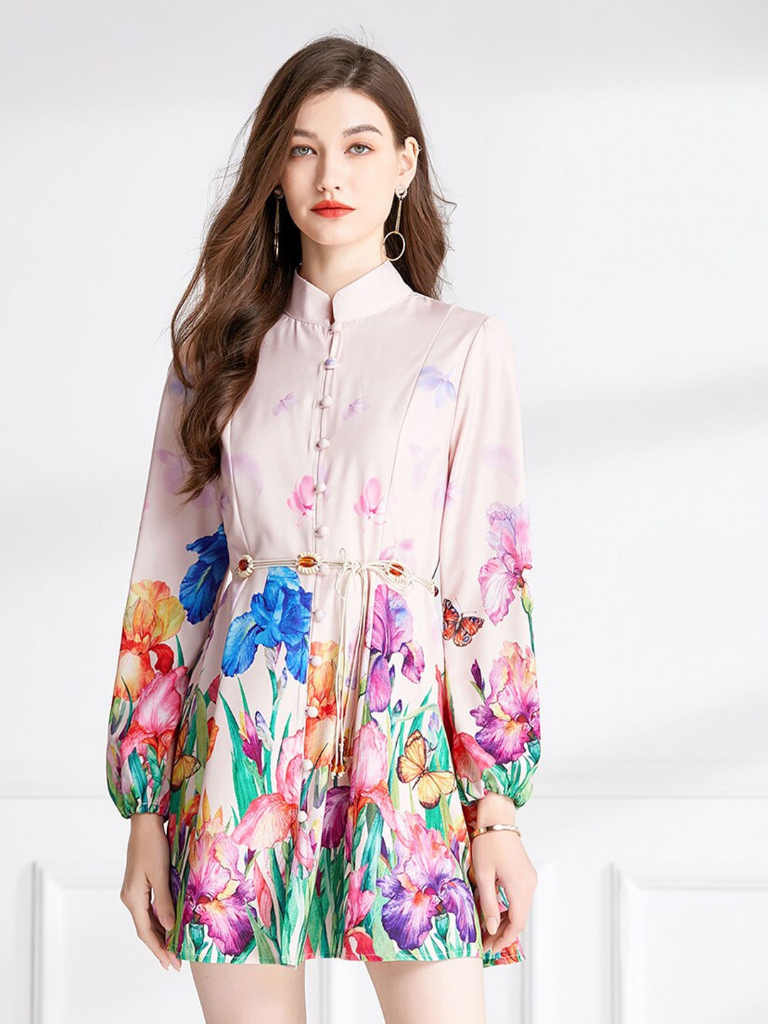 

JC Collection Floral Printed Mandarin Collar Puff Sleeves Belted Fit & Flare Dress, Pink