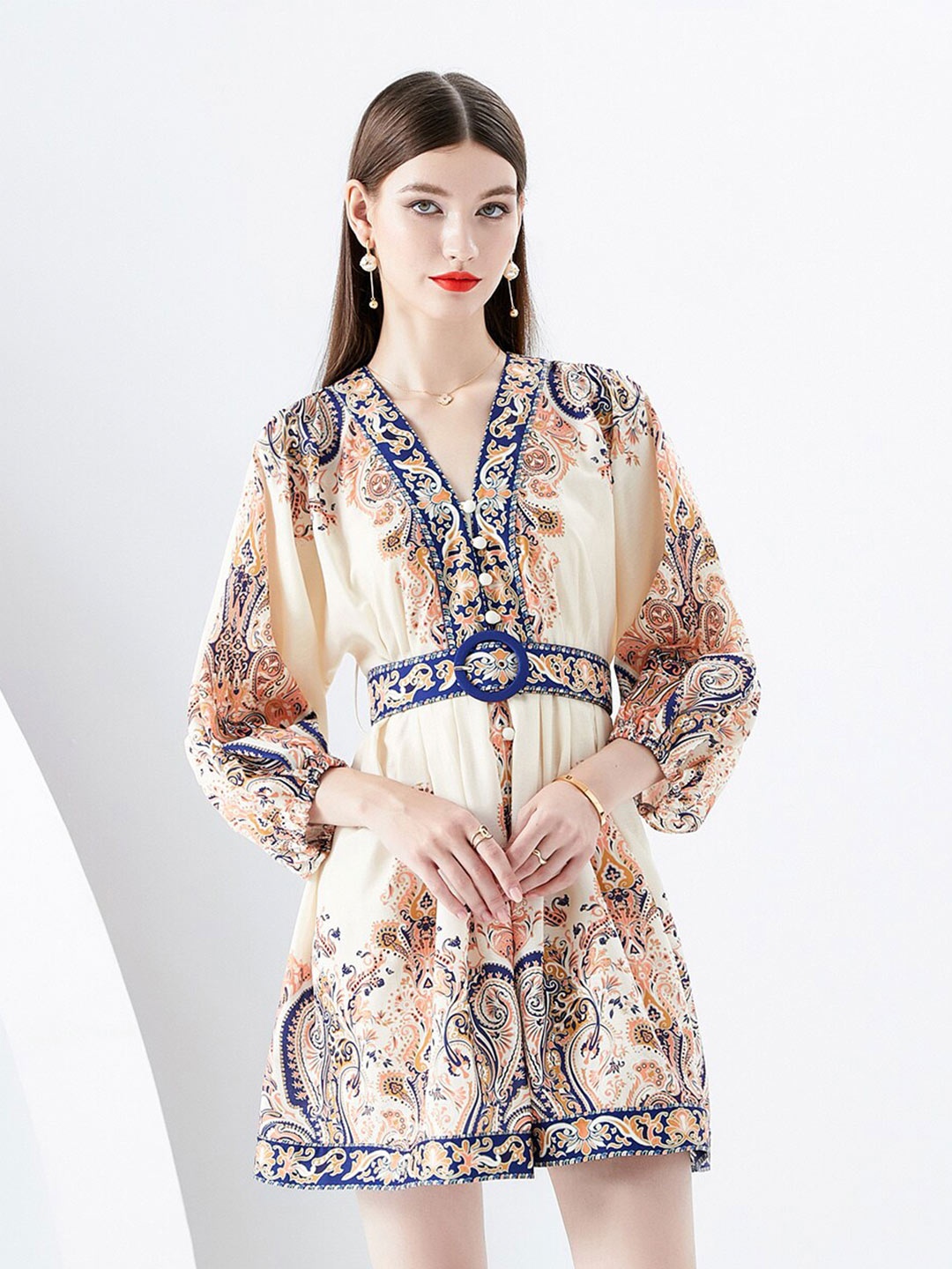 

JC Collection Ethnic Motifs Printed V-Neck Puff Sleeves A-Line Dress, Beige