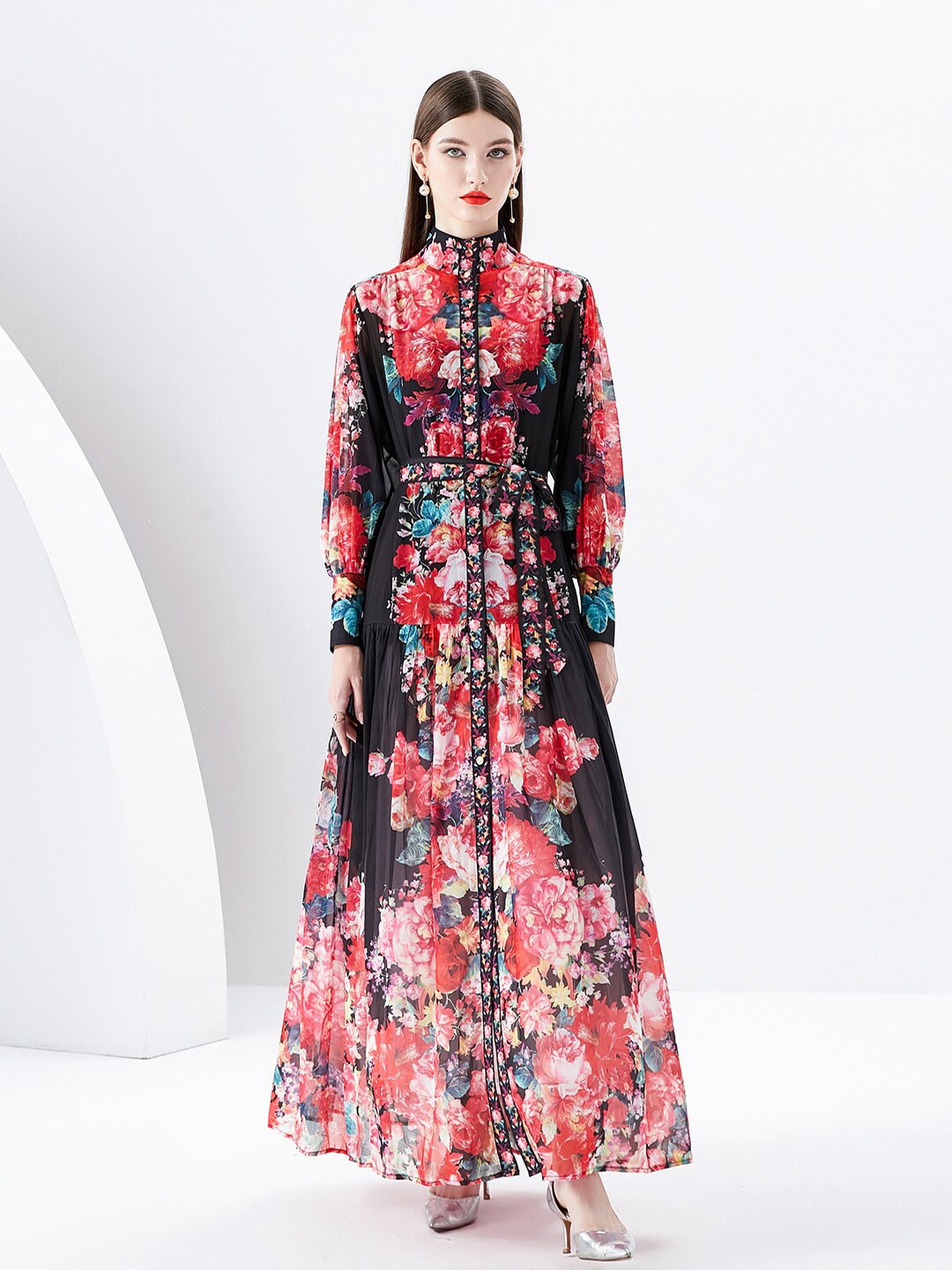 

JC Collection Floral Printed Printed Bishop Sleeves A-Line Dress, Black