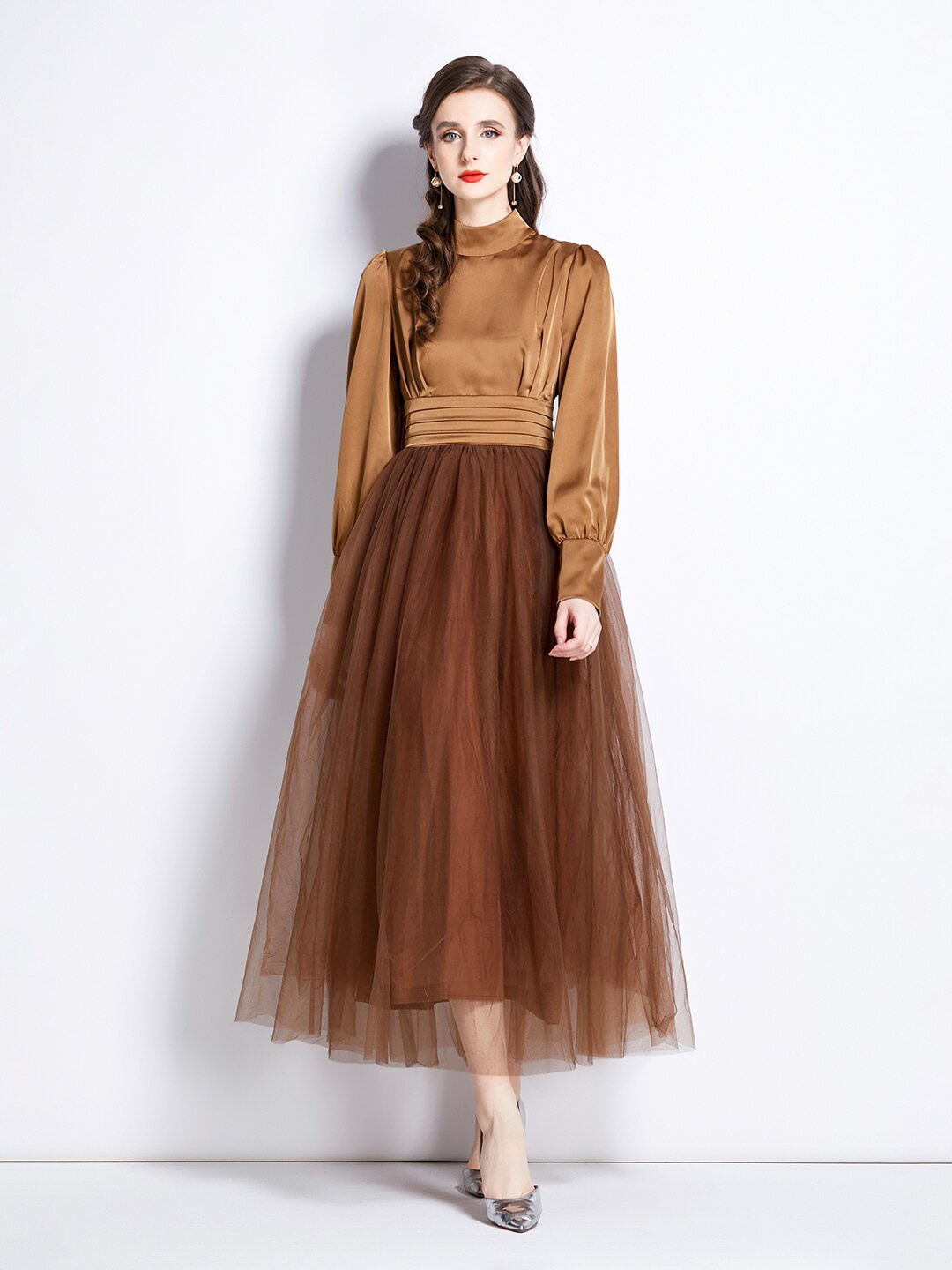 

JC Collection High Neck Puff Slleves Pleated Tulle Fit & Flare Dress, Coffee brown