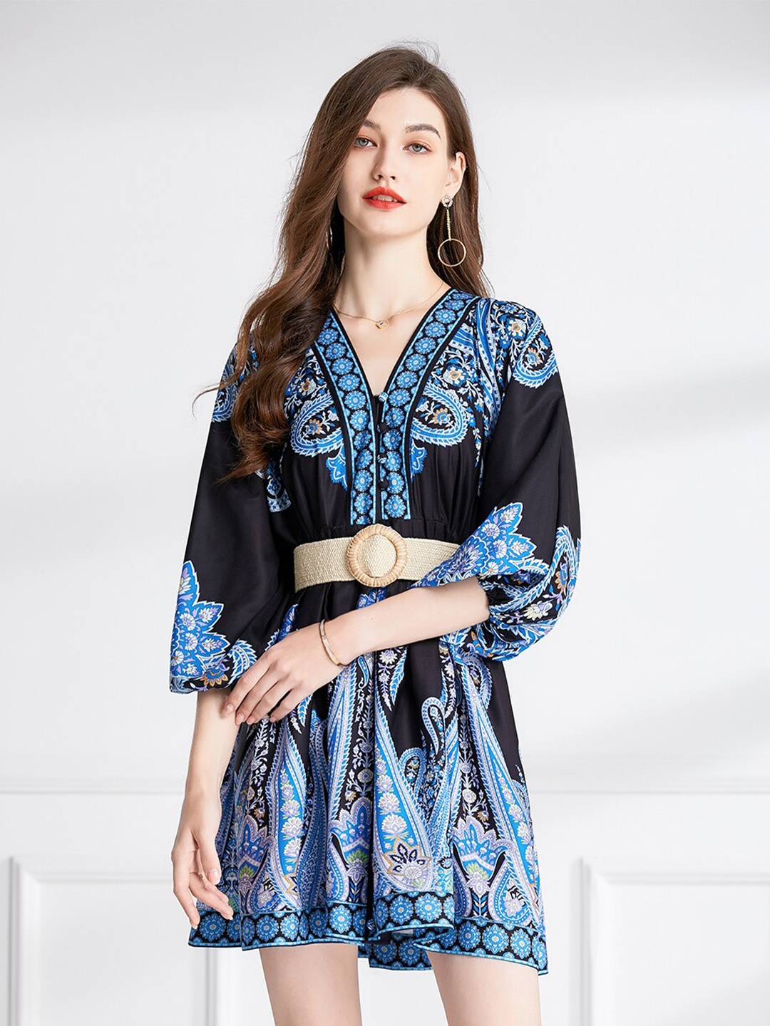 

JC Collection Ethnic Motifs Printed A-line Mini Dress, Black