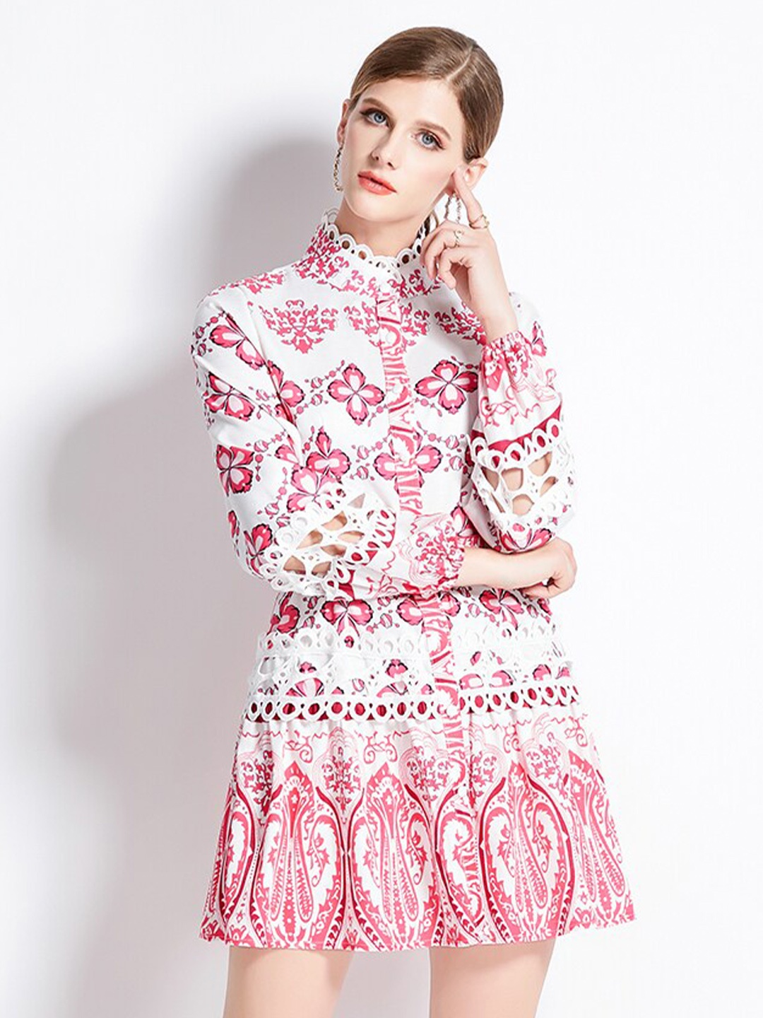 

JC Collection Floral Printed High Neck Fit and Flare Mini Dress, Red