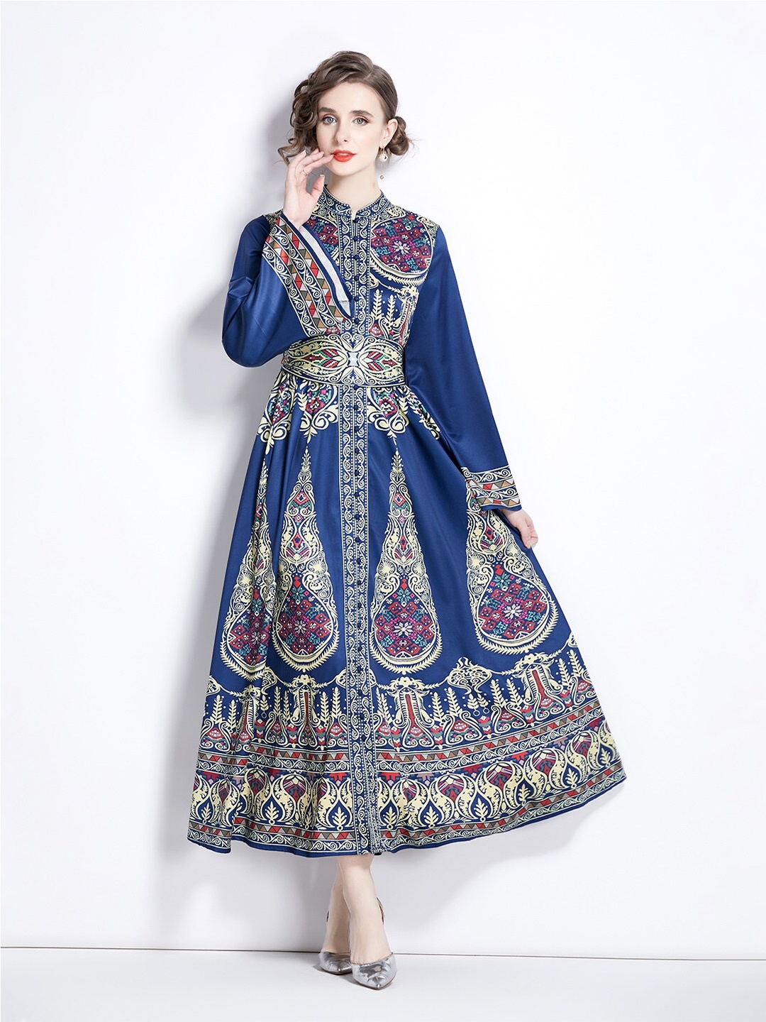 

JC Collection Ethnic Motifs Printed Flared Sleeves Fit & Flare Dress, Blue