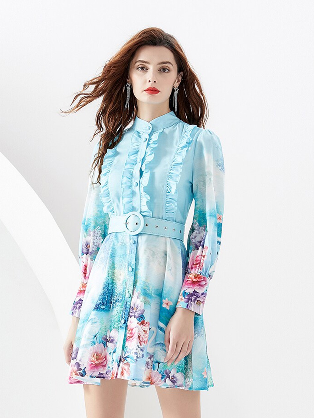 

JC Collection Floral Printed Mandarin Collar Shirt Dress, Blue