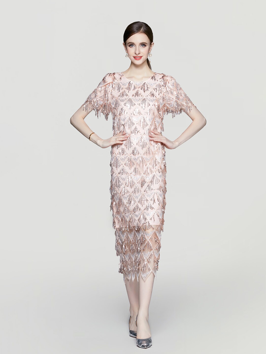 

JC Collection Embellished Flared Sleeves Sheath Dress, Champagne