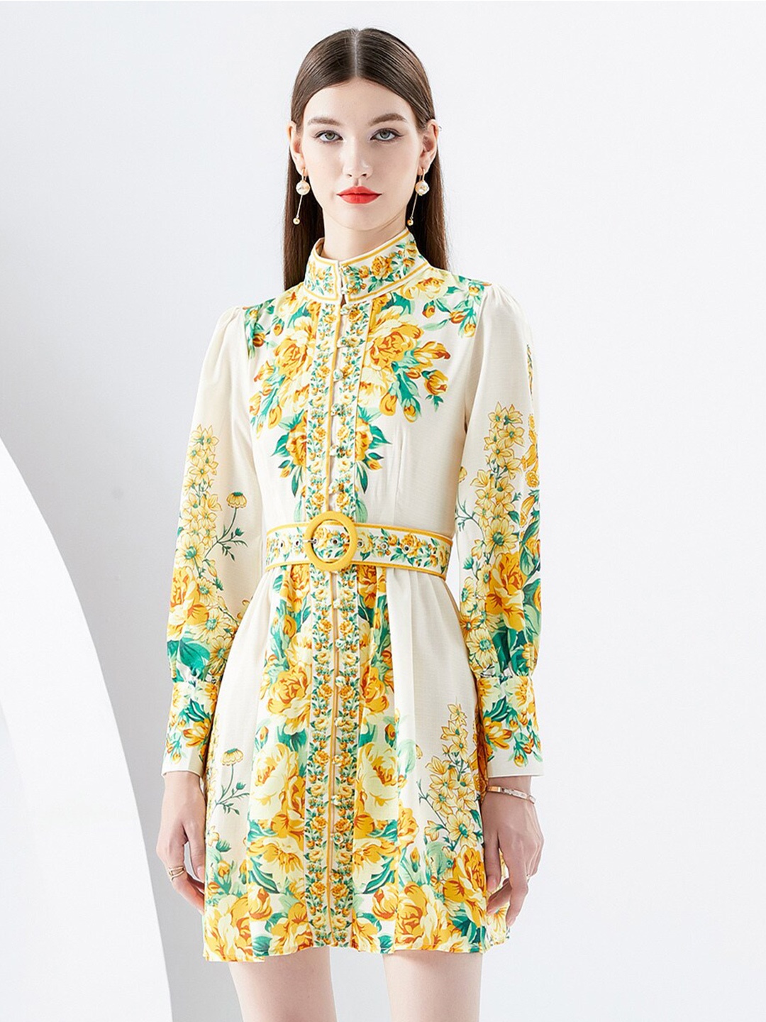 

JC Collection Floral Printed High Neck Long Sleeve Fit & Flare Dress, Beige