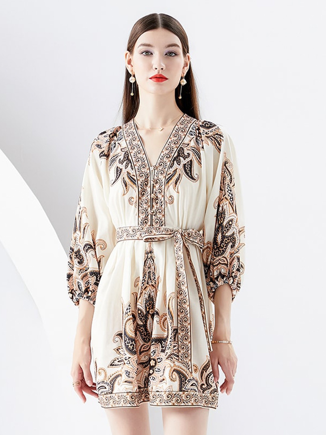 

JC Collection Ethnic Motifs Printed A-line Mini Dress, Beige