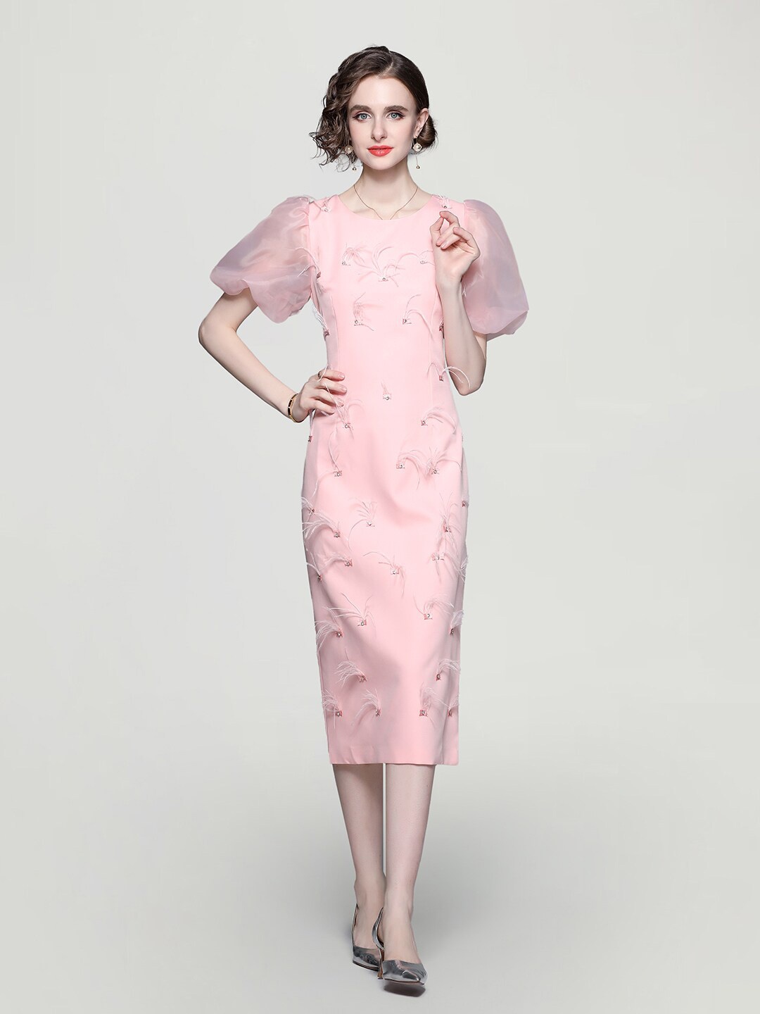 

JC Collection Embellished Puff Sleeves Sheath Dress, Pink