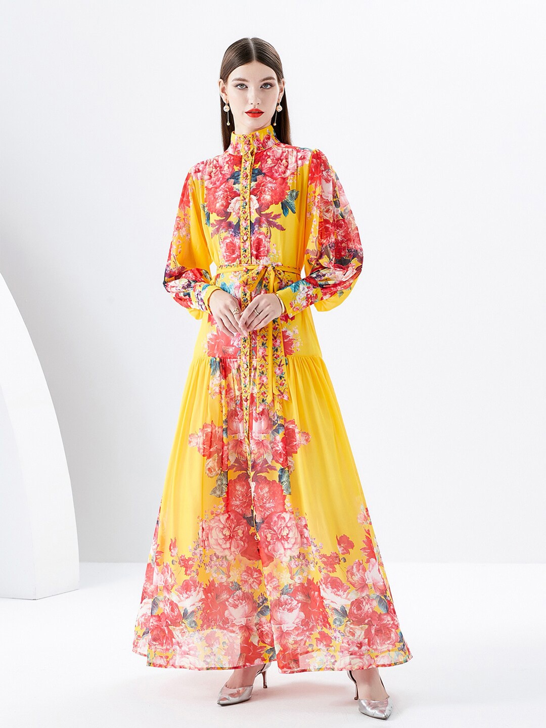 

JC Collection Floral Printed High Neck Fit and Flare Dress, Yellow