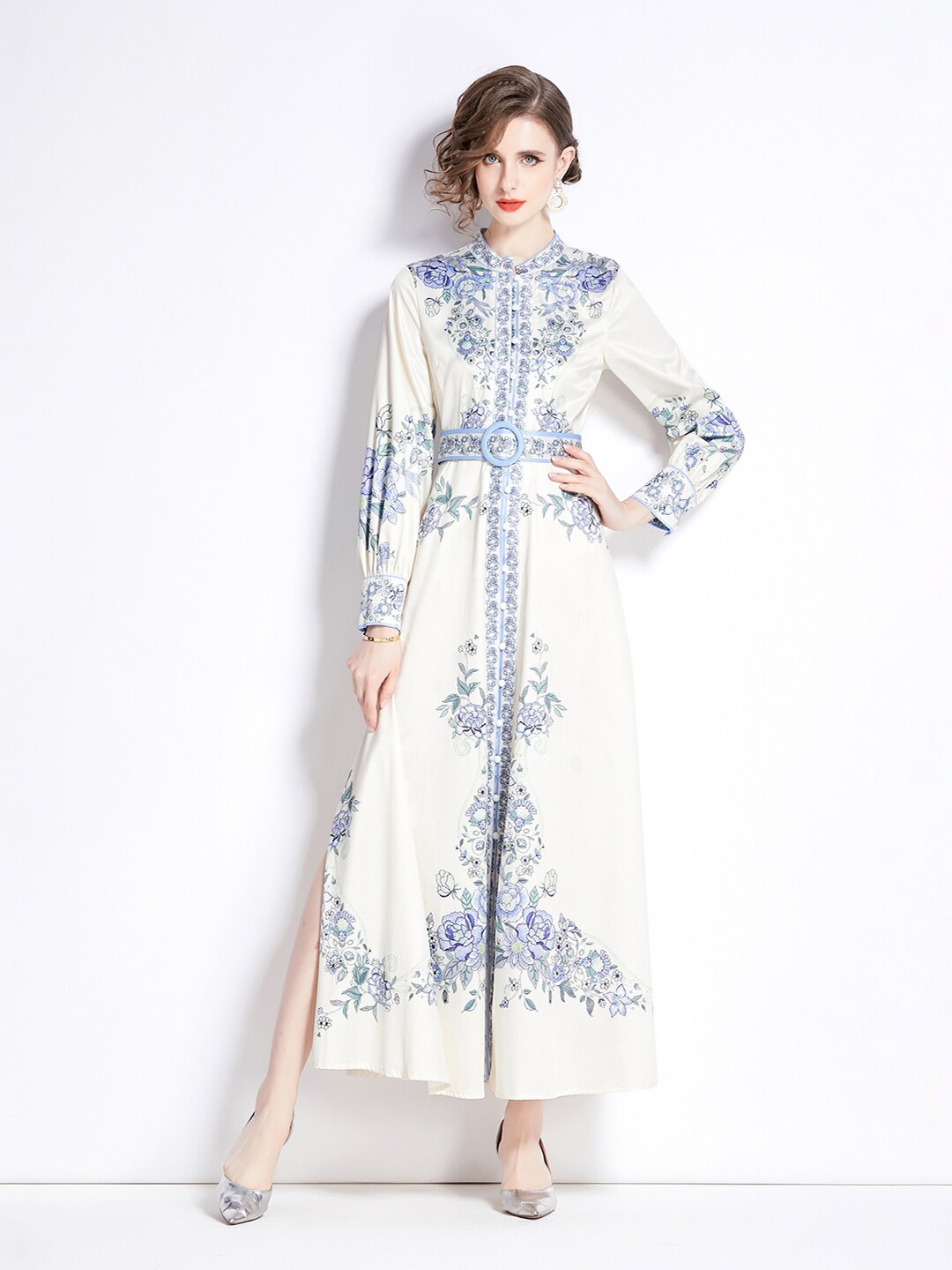 

JC Collection Floral Printed Mandarin Collar Belted A-Line Dress, Off white