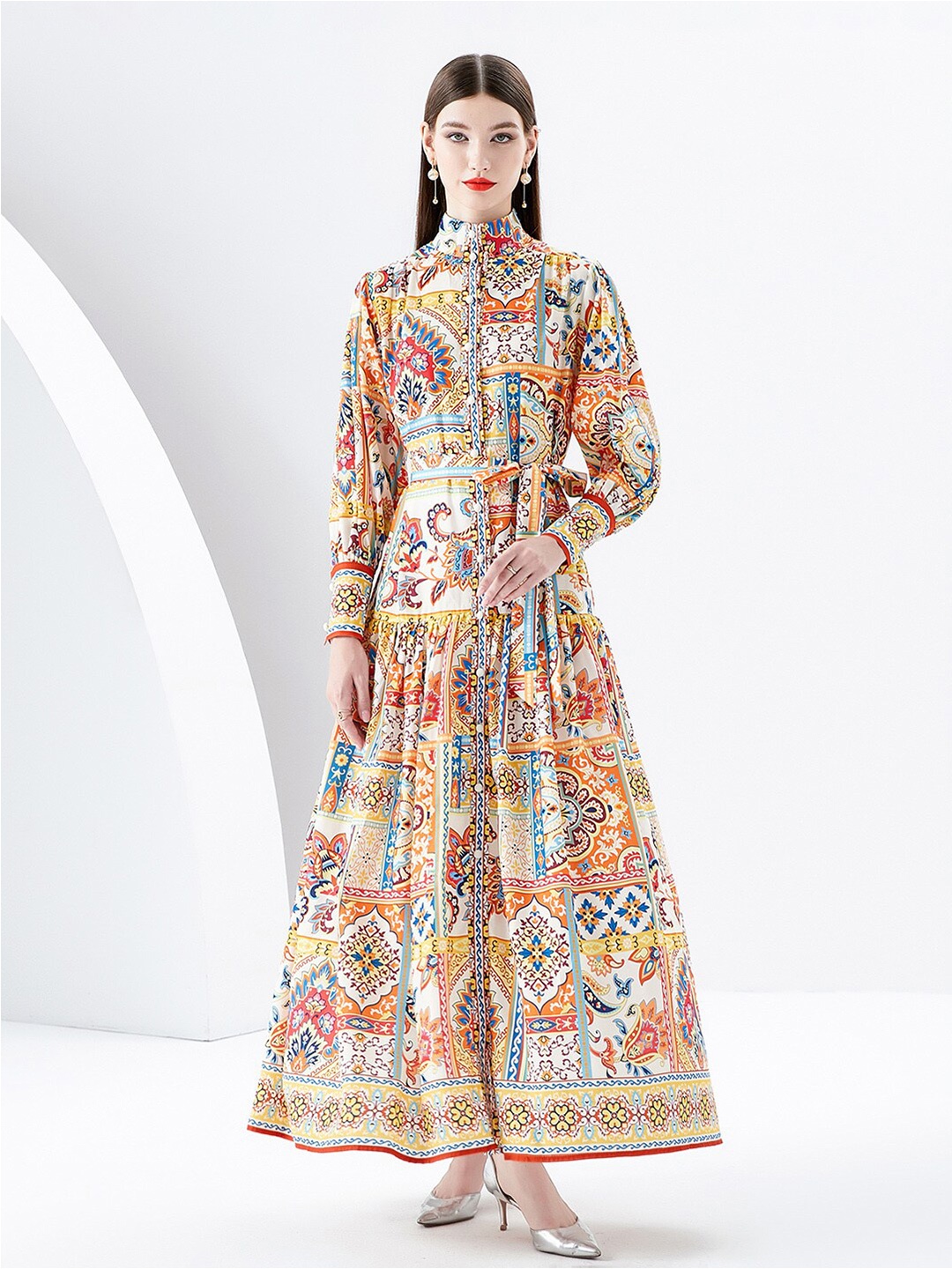 

JC Collection Ethnic Motifs Printed Mock Neck Cuffed Sleeves Gathered Maxi Dress, Yellow