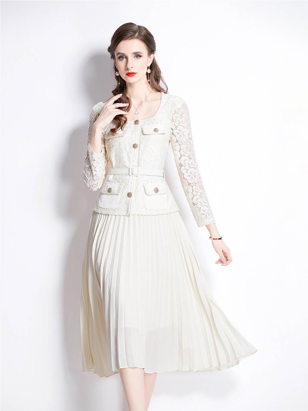 

JC Collection Floral Self Design Fit & Flare Dress, Beige