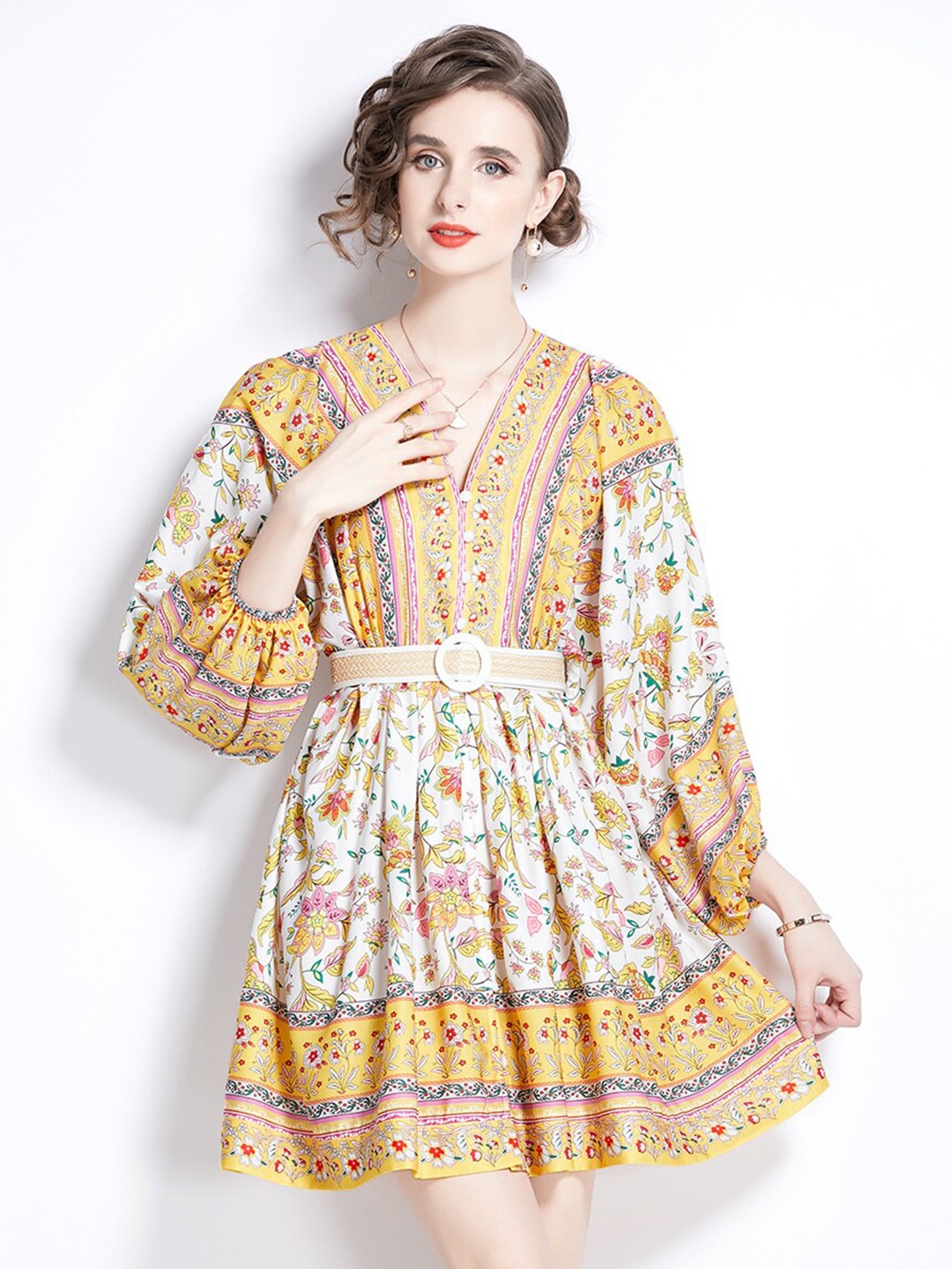 

JC Collection Floral Printed V-Neck Puff Sleeves Belted Mini Fit & Flare Dress, Yellow