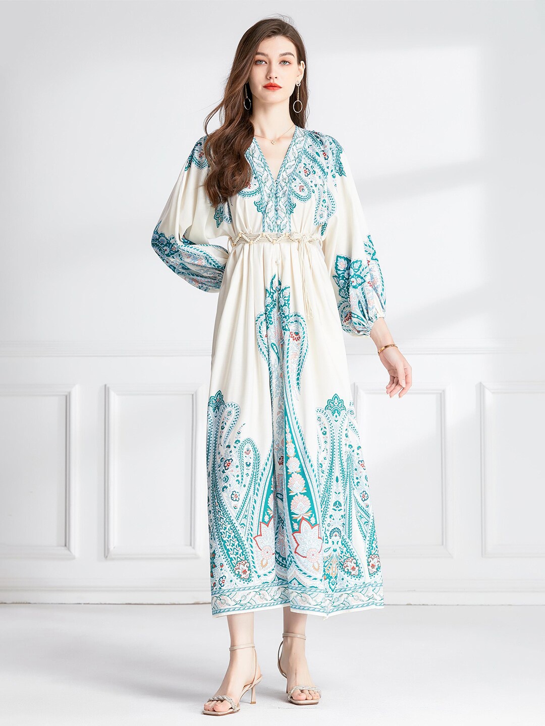 

JC Collection Ethnic Motifs Printed V-Neck Puff Sleeves Gathered Maxi Dress, Green