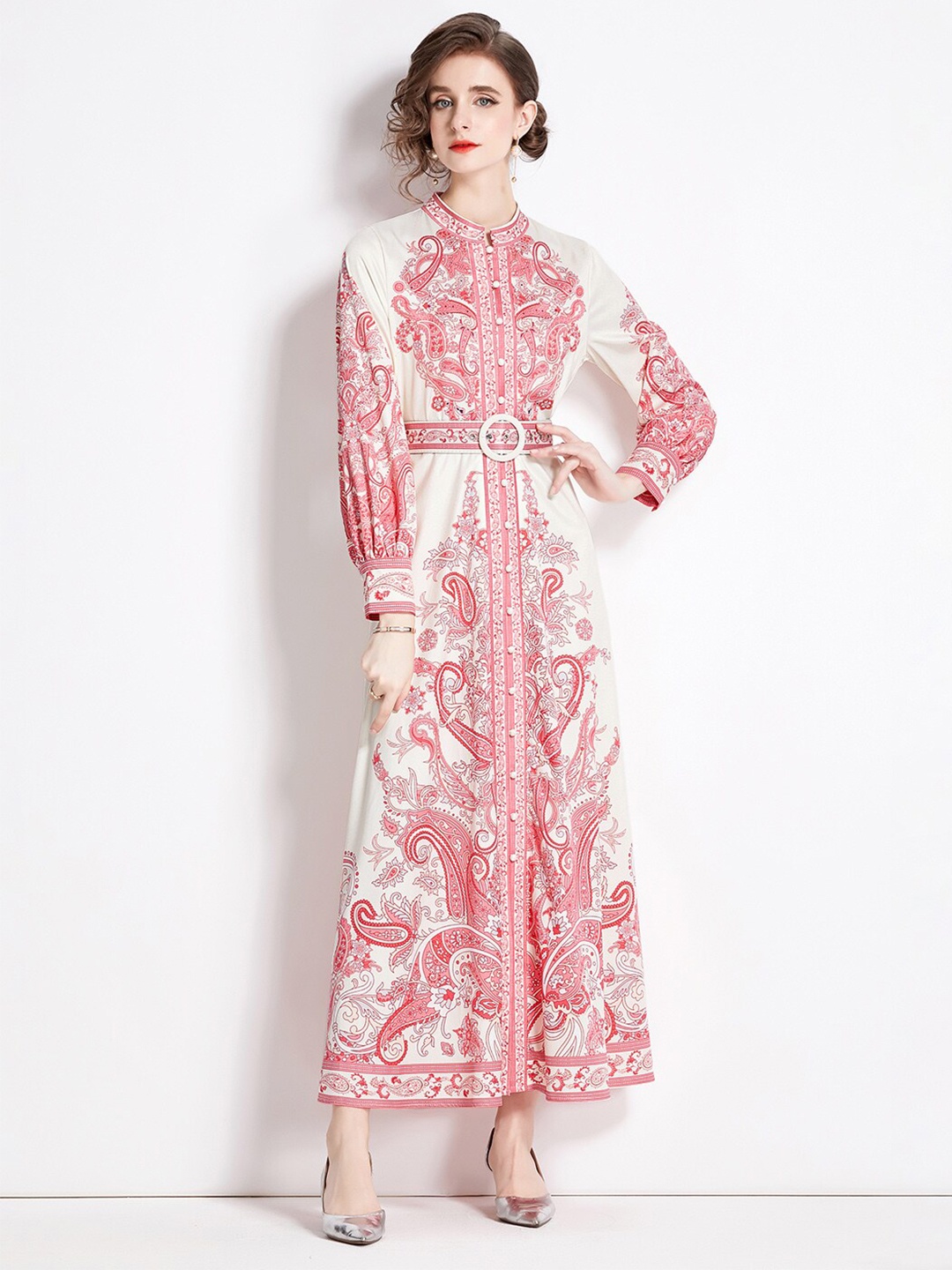 

JC Collection Ethnic Motifs Printed Mandarin Collar Cuffed Sleeves Maxi Dress, Pink