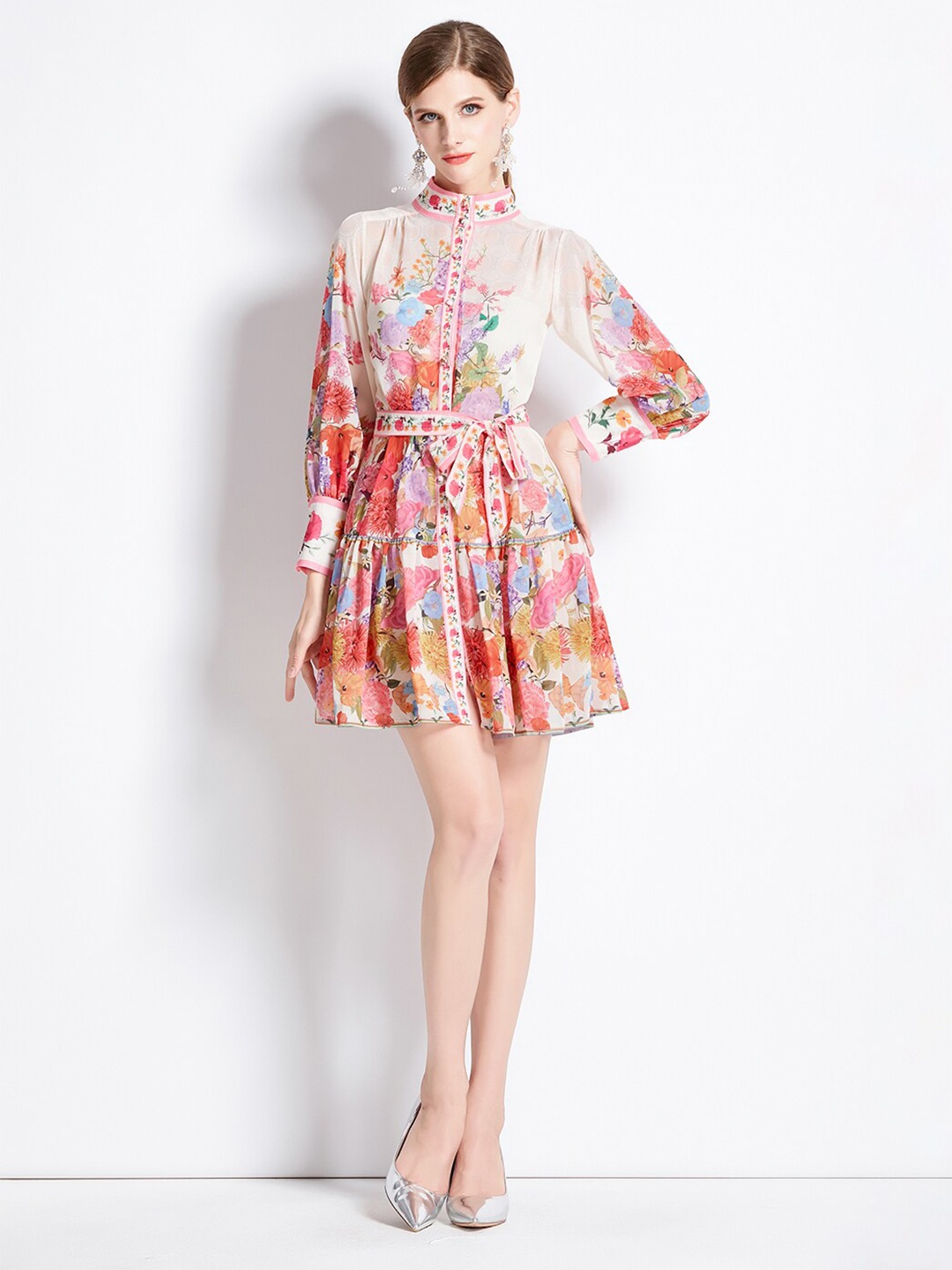 

JC Collection Floral Printed Puff Sleeves Shirt Dress, White