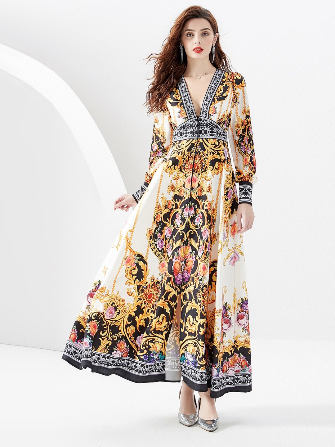 

JC Collection Ethnic Motifs Printed V-Neck Cuffed Sleeves Gathered Maxi Dress, White