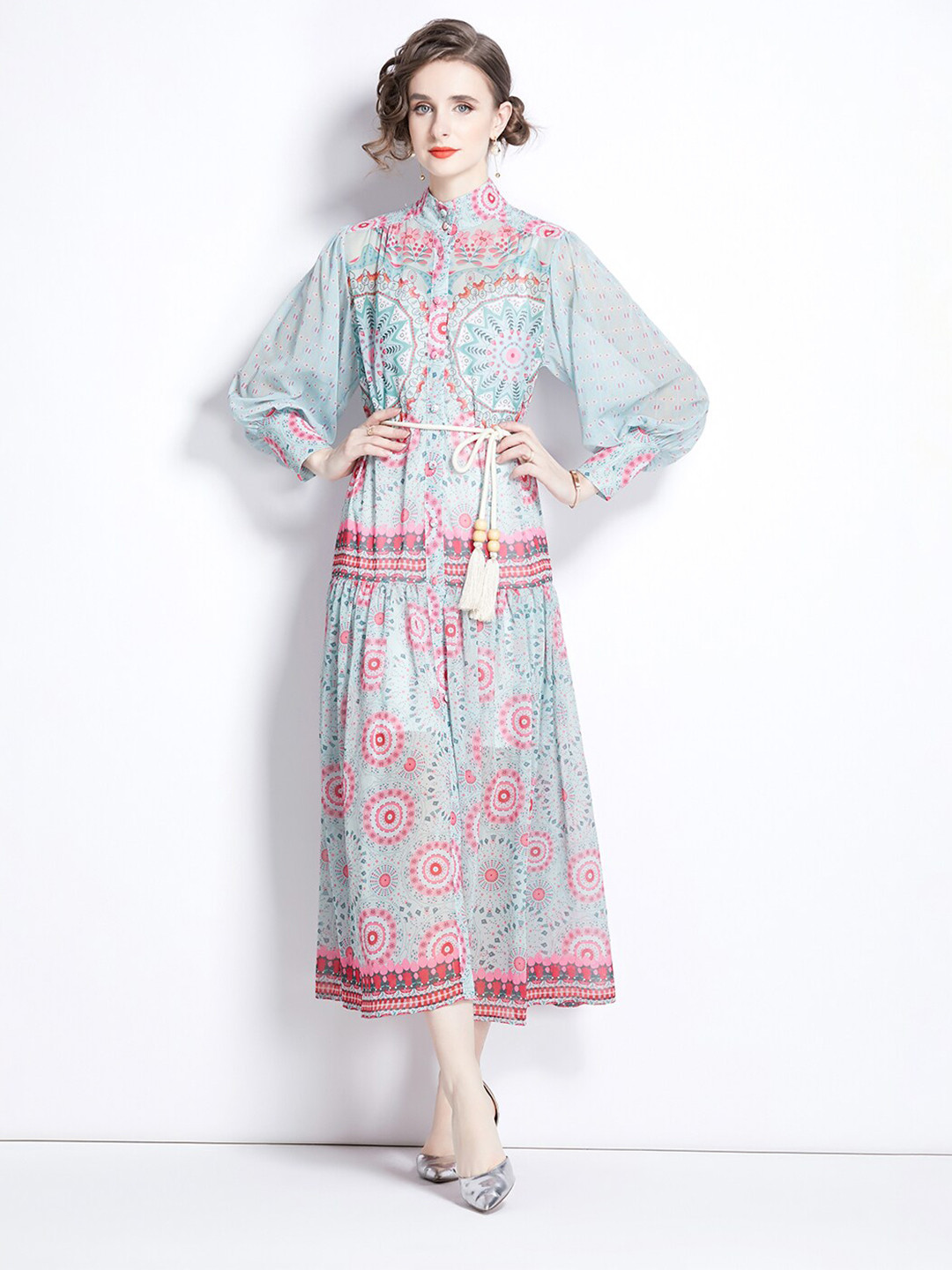 

JC Collection Ethnic Motif Printed Bishop Sleeves A-Line Dress, Sea green