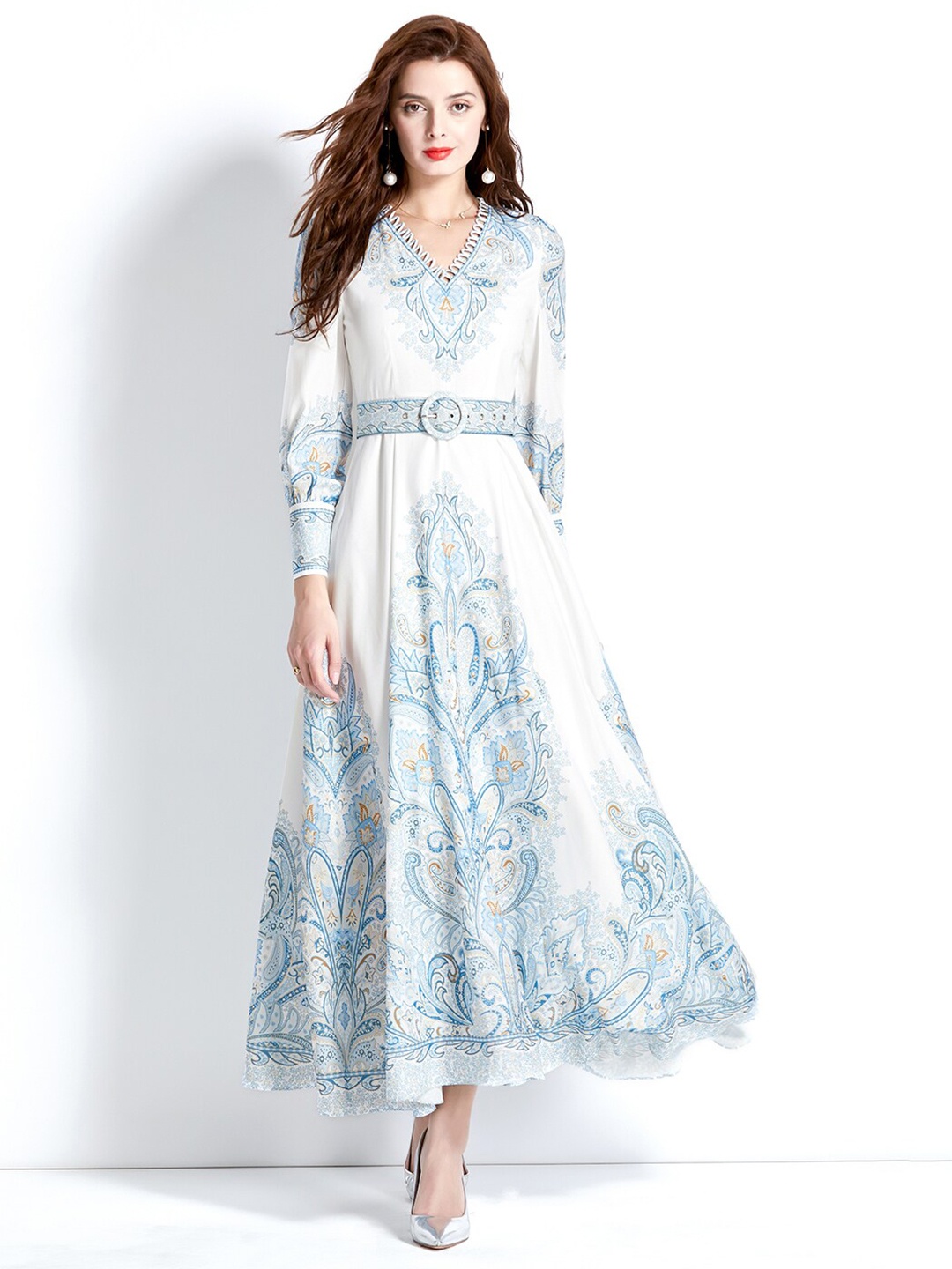 

JC Collection Ethnic Motif Printed V-Neck Bishop Sleeves A-line Dress, White