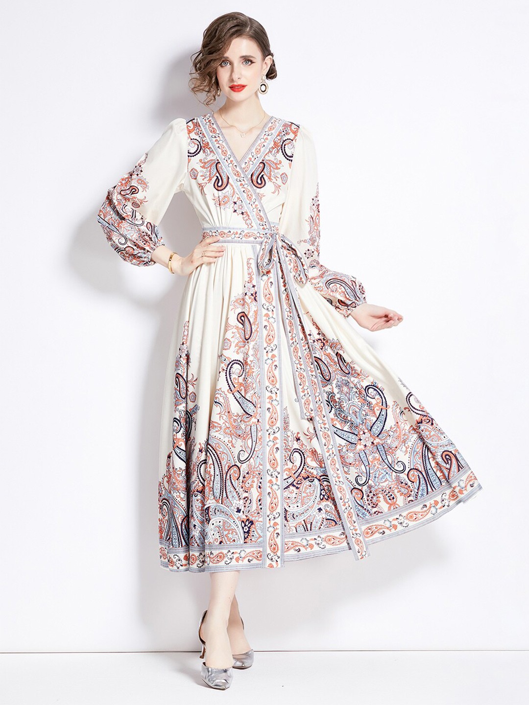 

JC Collection Ethnic Motifs Printed Puffed Sleeves Wrap Midi Dress, Beige