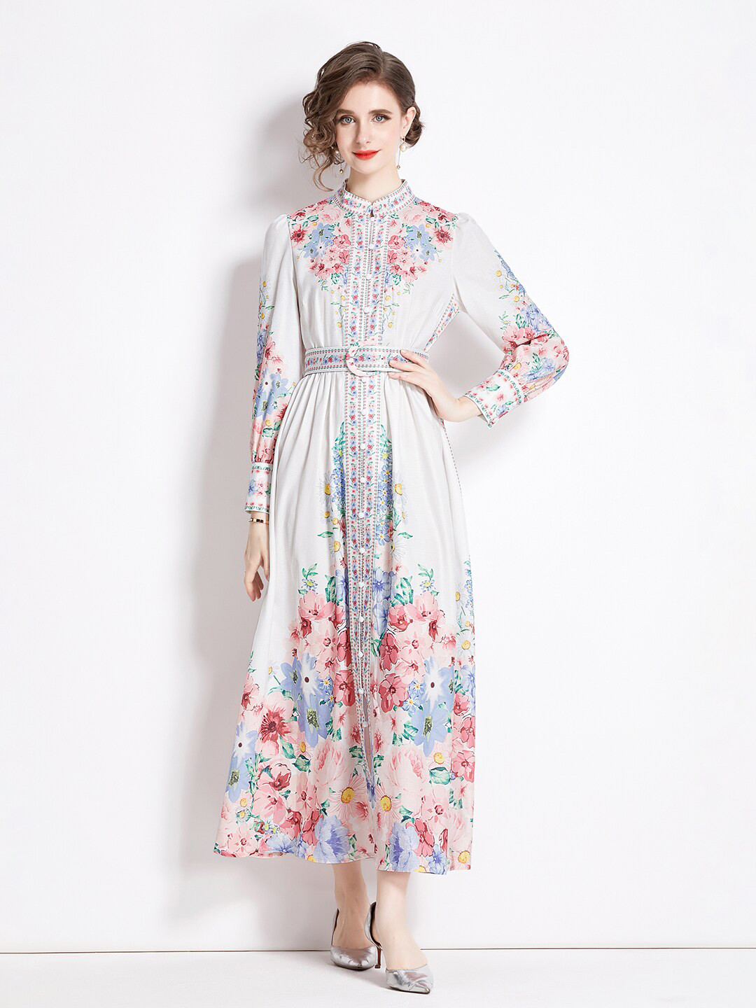 

JC Collection Floral Printed Puff Sleeves Maxi Dress, White