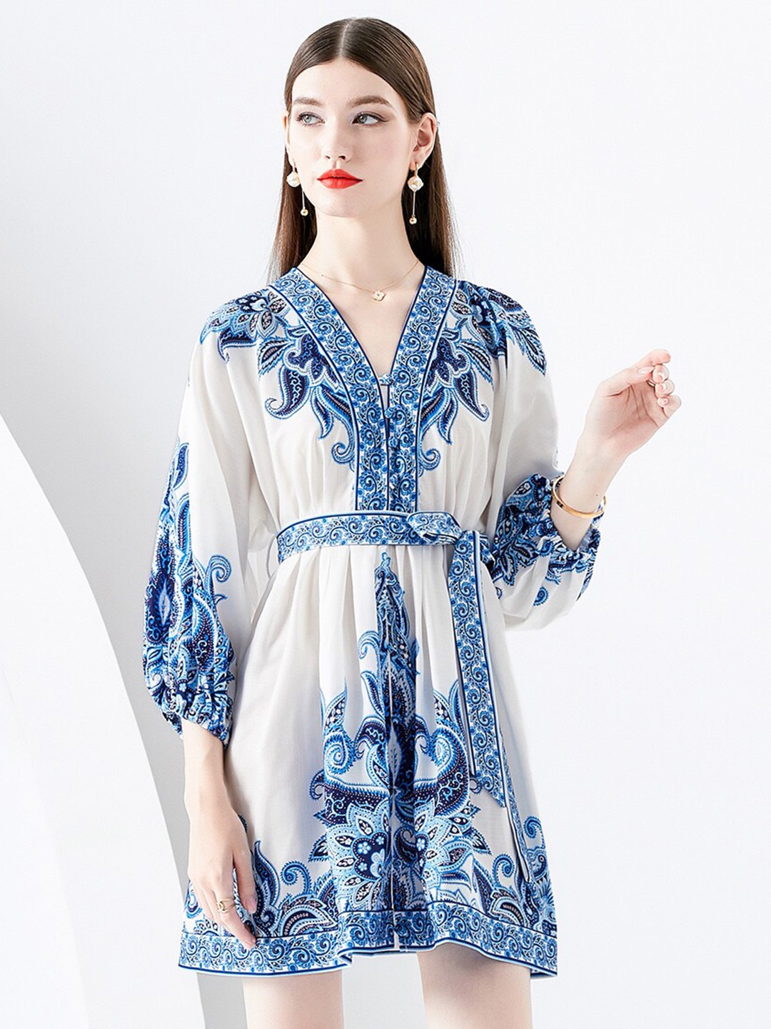 

JC Collection Ethnic Motifs Printed V-Neck A-Line Dress, Blue