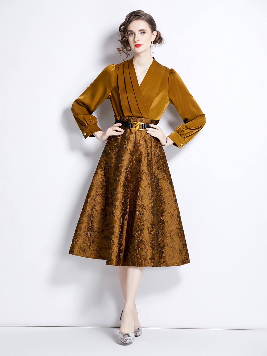 

JC Collection Self Design Pleated V-Neck Cuffed Sleeves Belted Fit & Flare Dress, Mustard