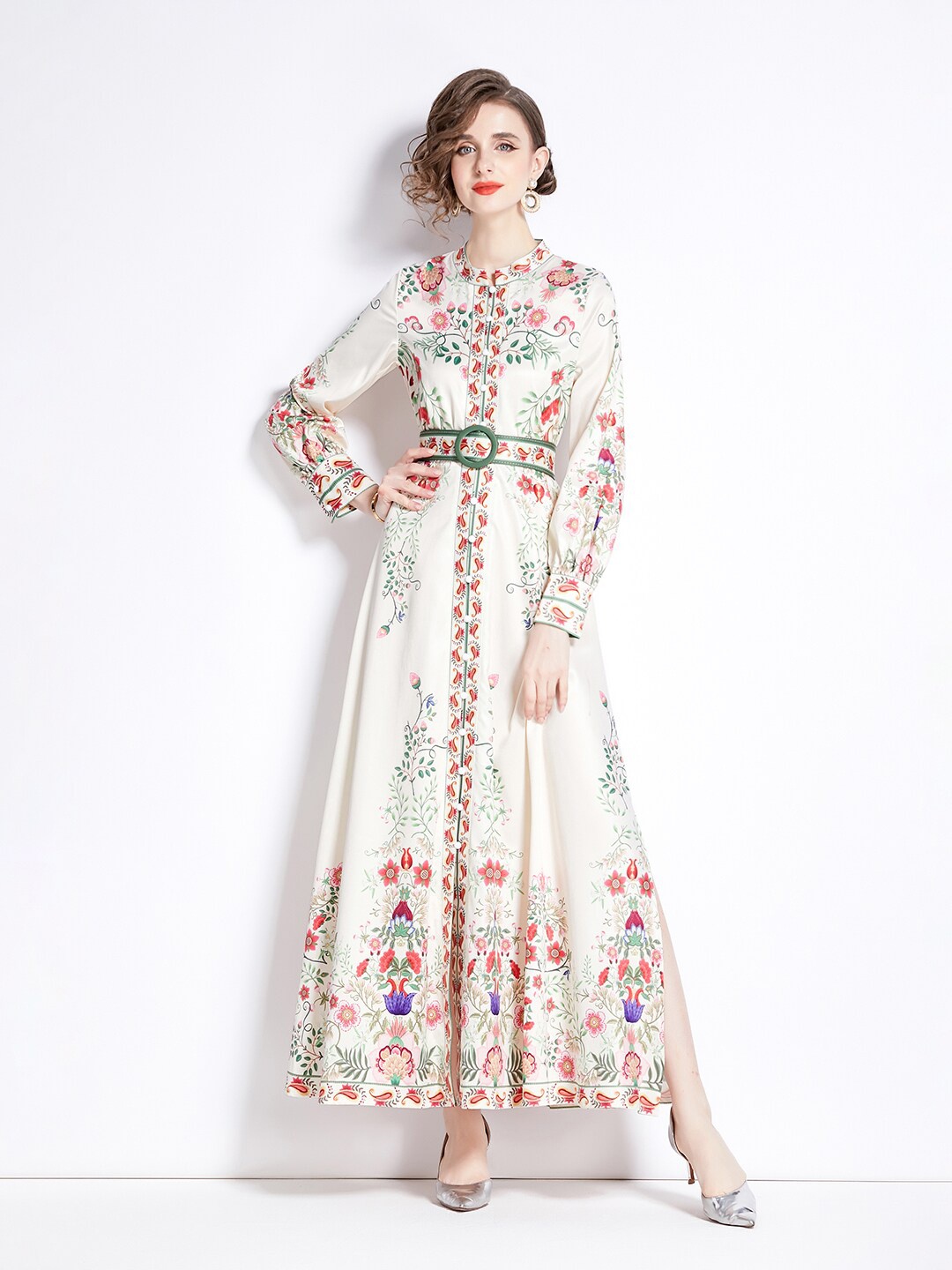 

JC Collection Floral Printed Puff Sleeves Maxi Dress, Beige