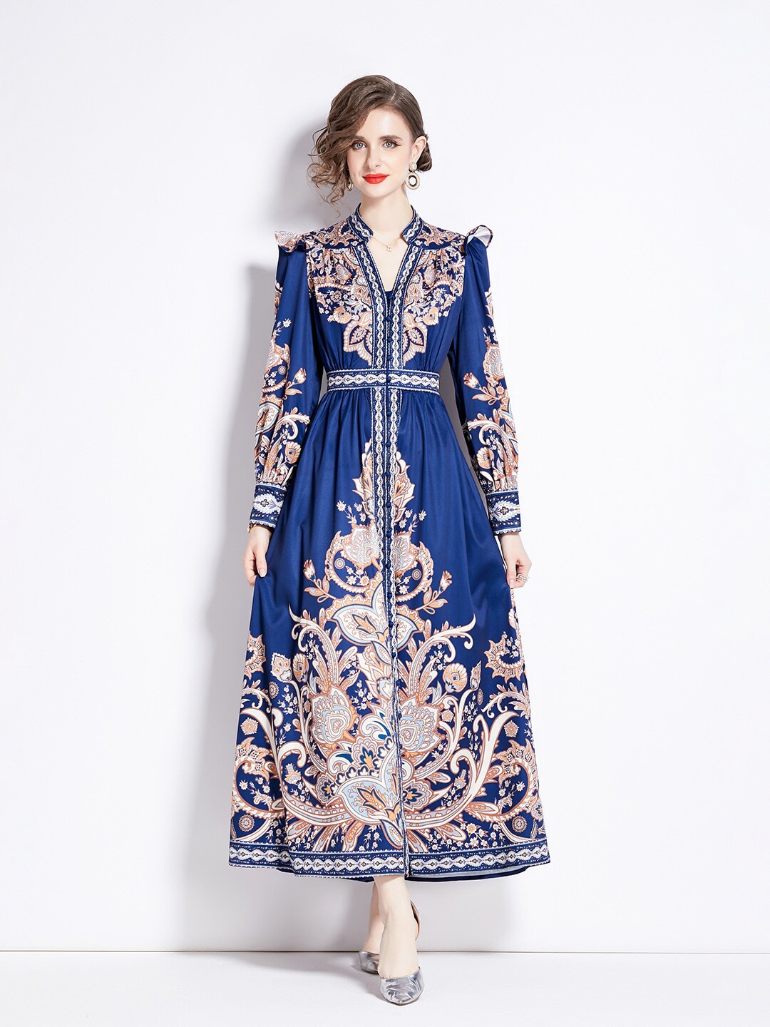 

JC Collection Ethnic Motifs Printed Mandarin Collar A-Line Dress, Navy blue