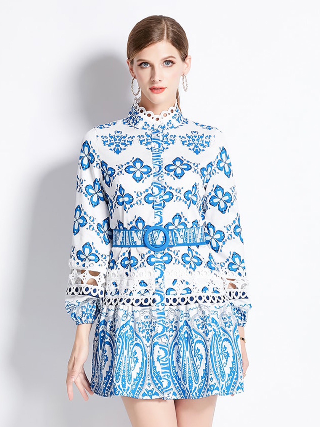 

JC Collection Ethnic Motifs Printed Mock Neck Cut-Out Detail Belted Mini Fit & Flare Dress, White