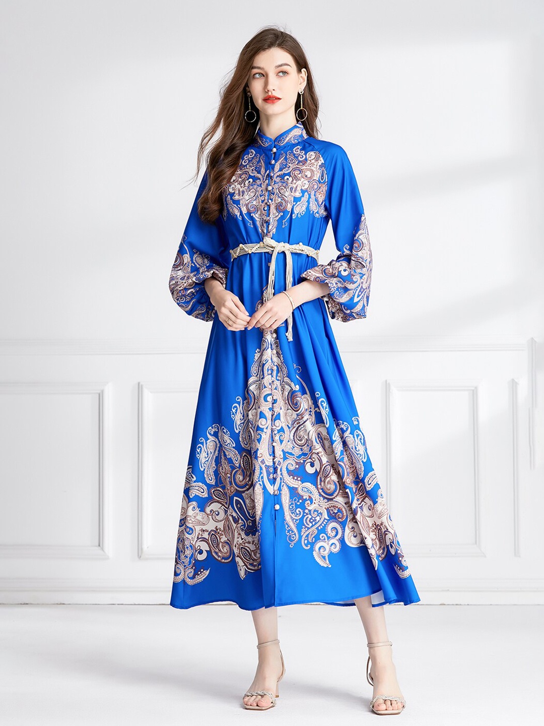 

JC Collection Ethnic Motifs Printed Mock Neck Puff Sleeves Belted Fit & Flare Dress, Blue