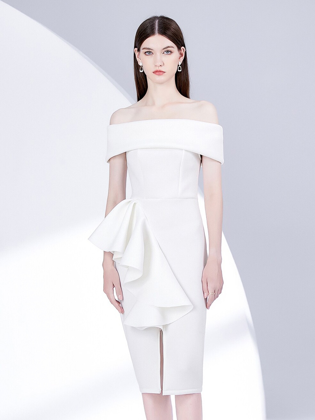 

JC Collection Off-Shoulder Ruffled Sheath Dress, White
