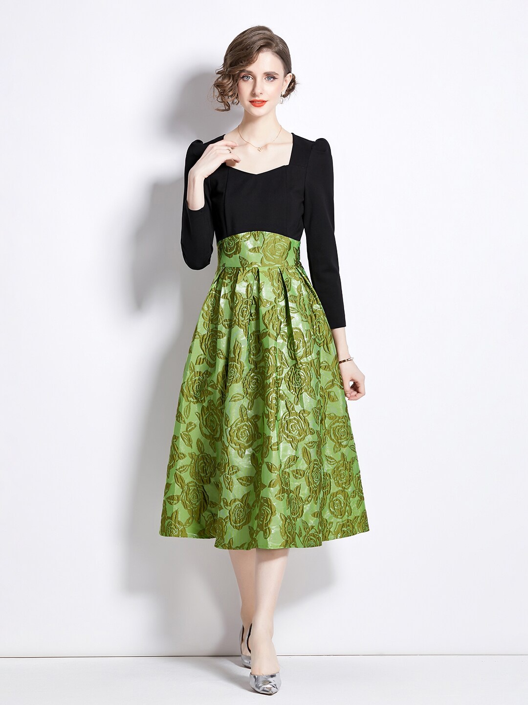 

JC Collection Floral Printed Sweetheart Neck Gathered Fit & Flare Dress, Black