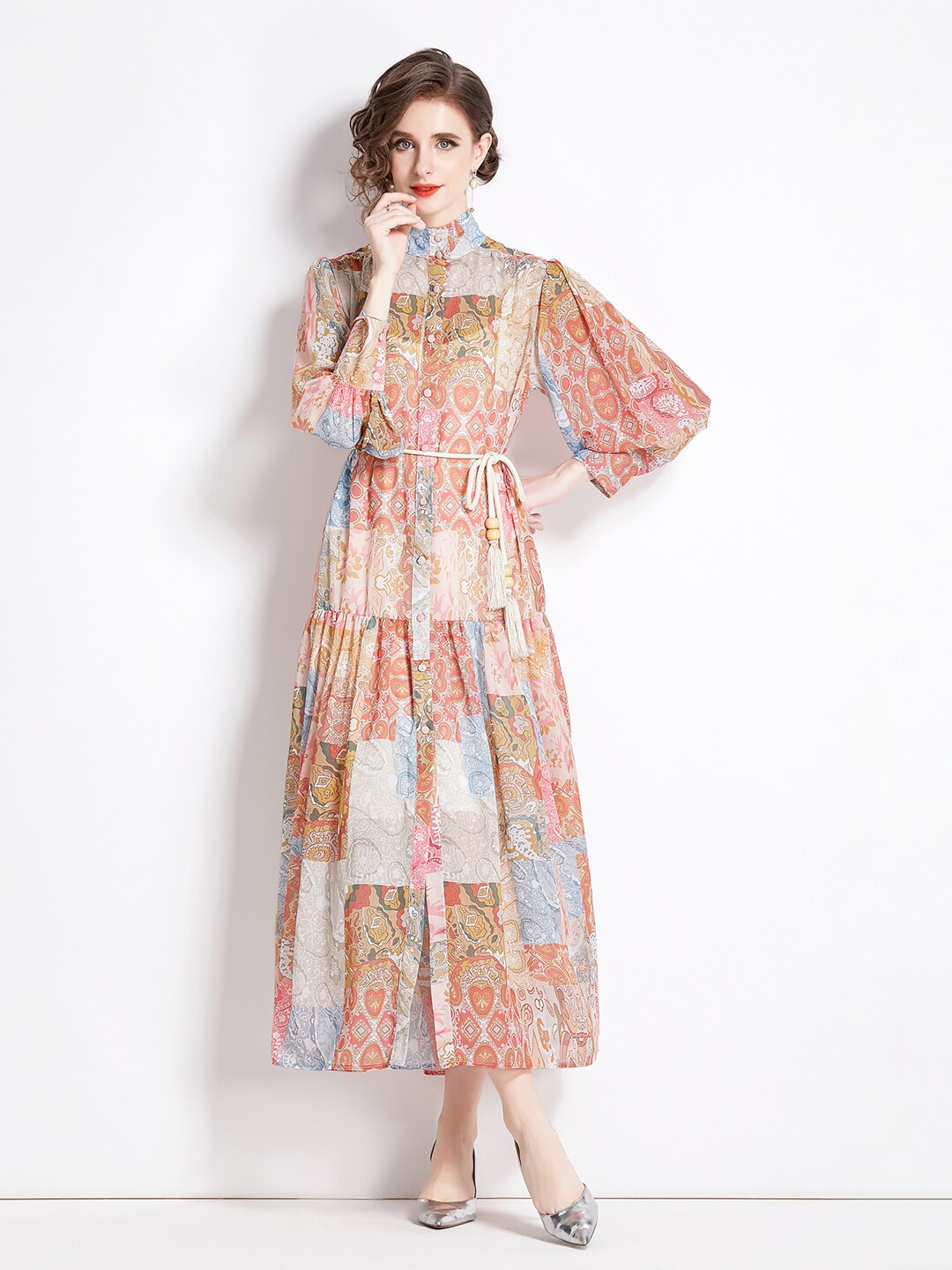 

JC Collection Ethnic Motifs Printed Hight Neck Maxi Dress, Brown