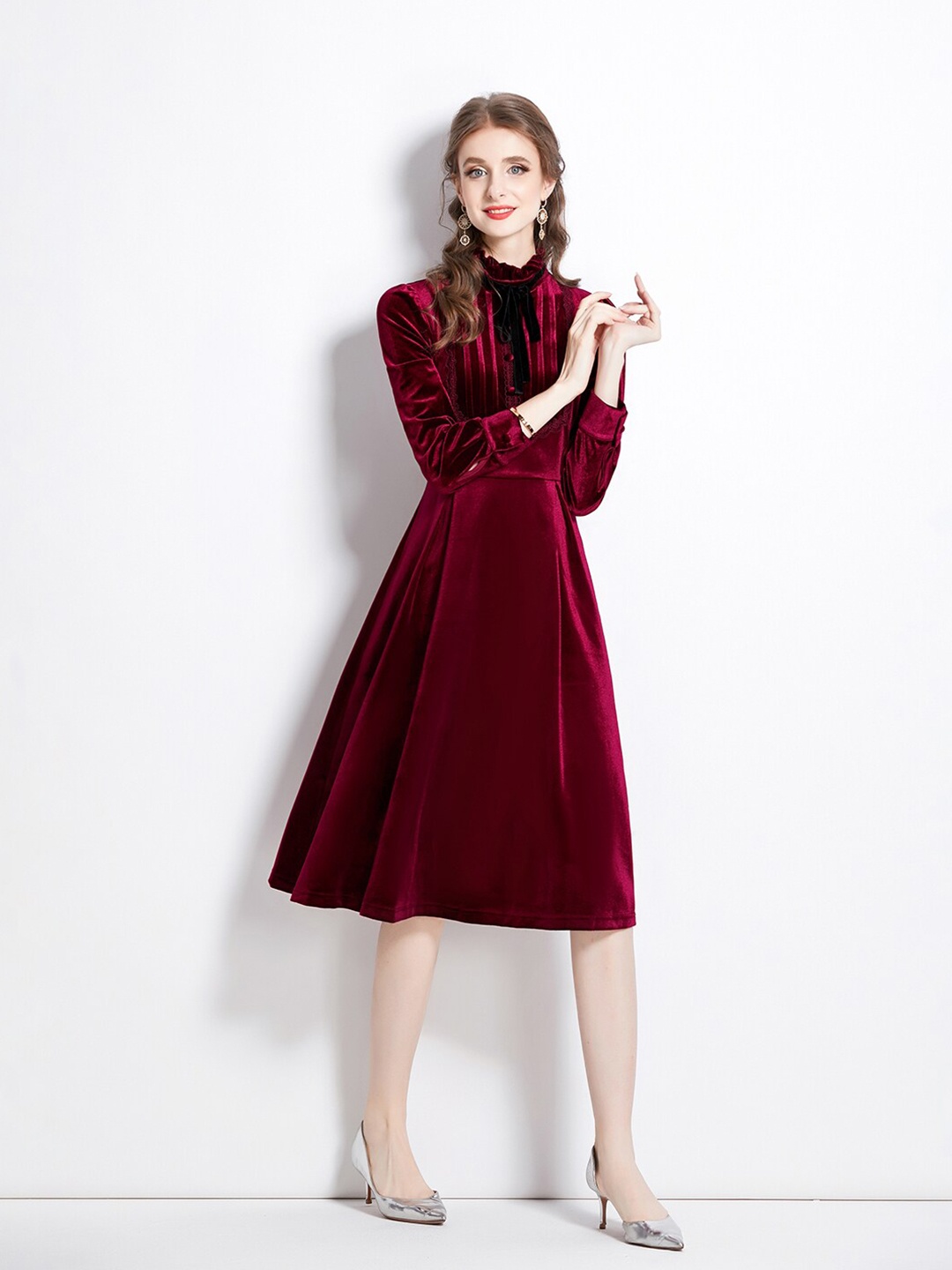 

JC Collection High Neck Cuff Sleeves Lace Inserts Fit & Flare Midi Dress, Maroon