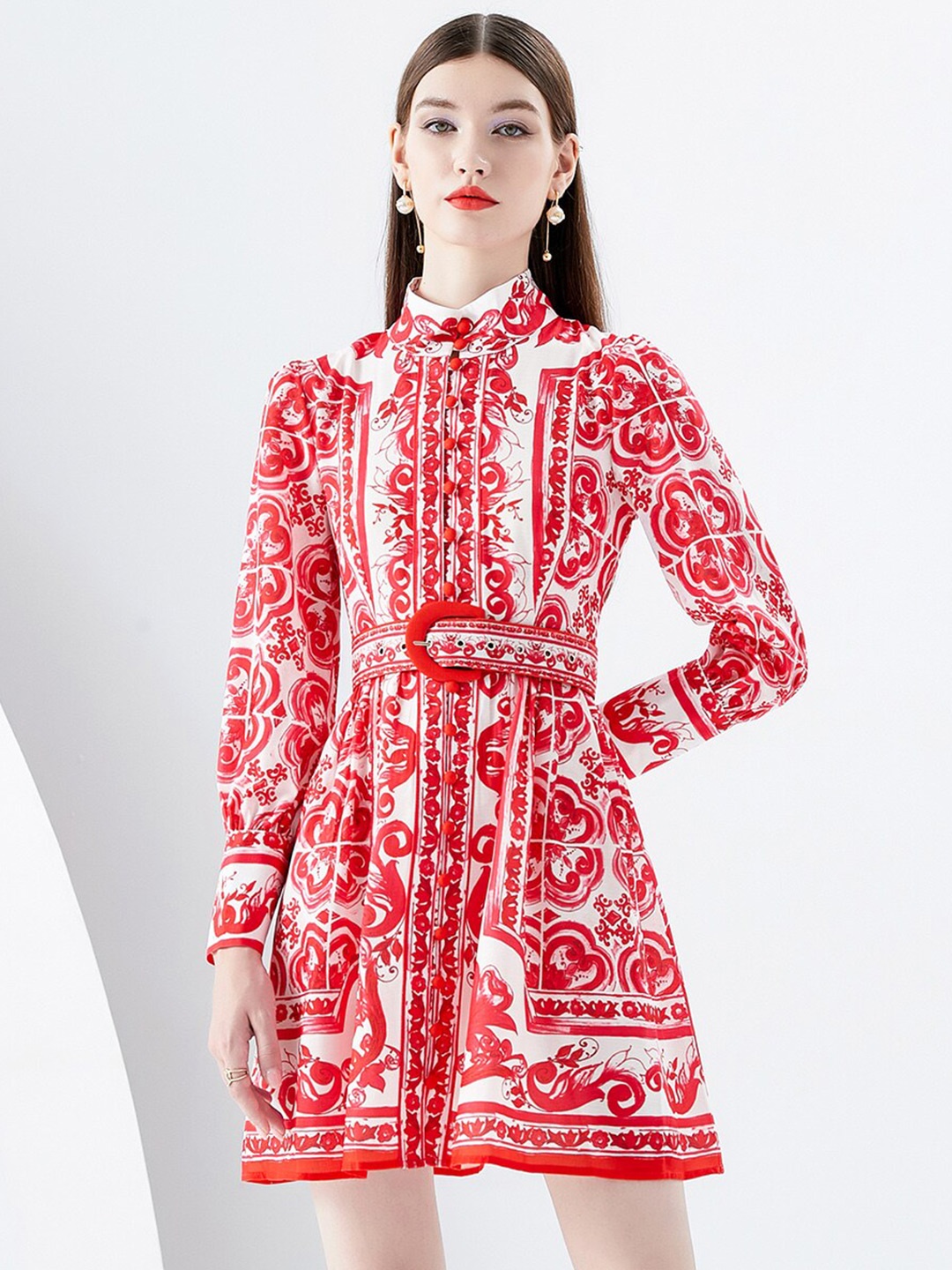 

JC Collection Ethnic Motif Printed High Neck Fit and Flare Dress, White