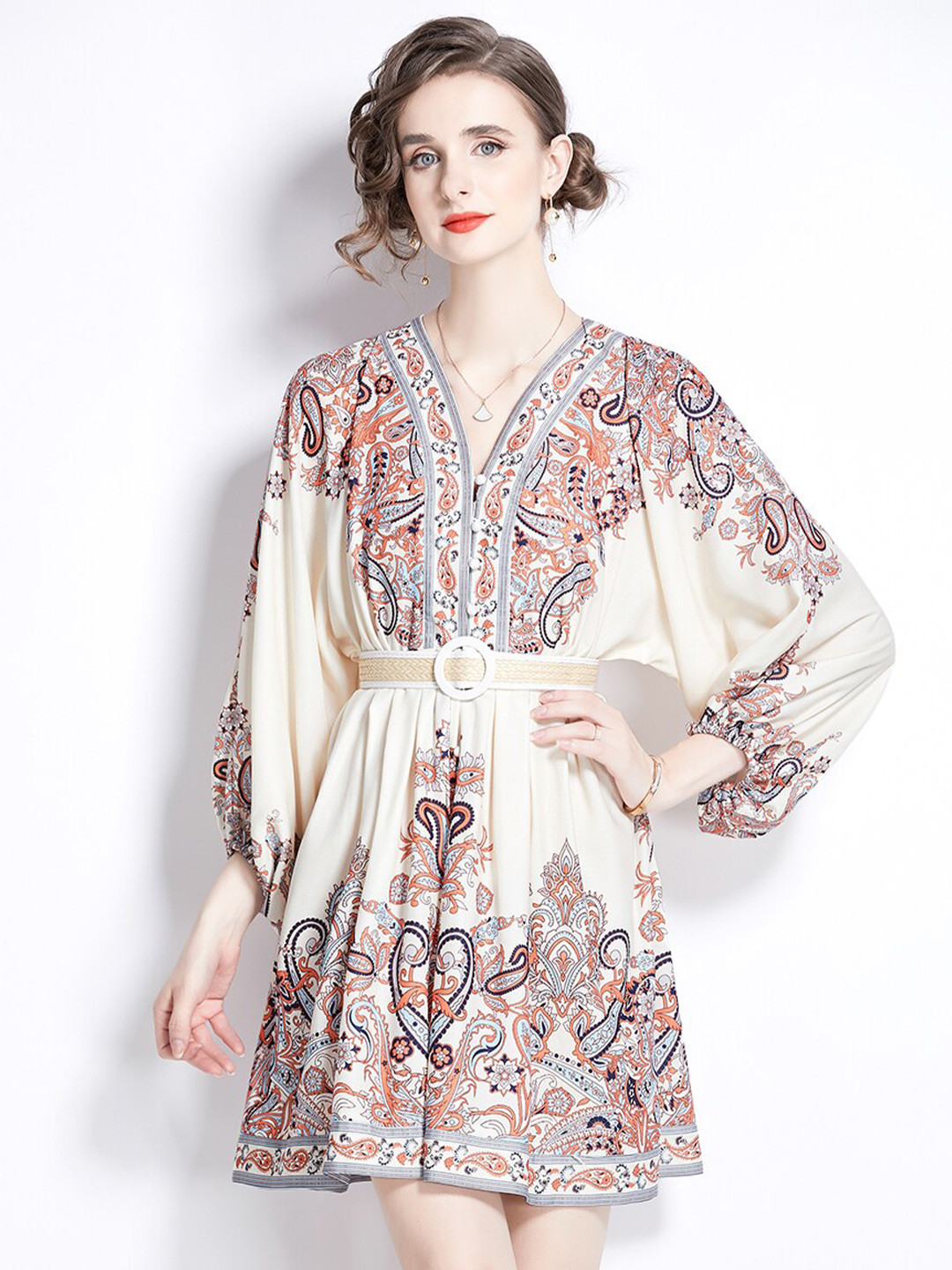 

JC Collection Ethnic Motifs Printed Puffed Sleeves Fit and Flare Dress, Beige