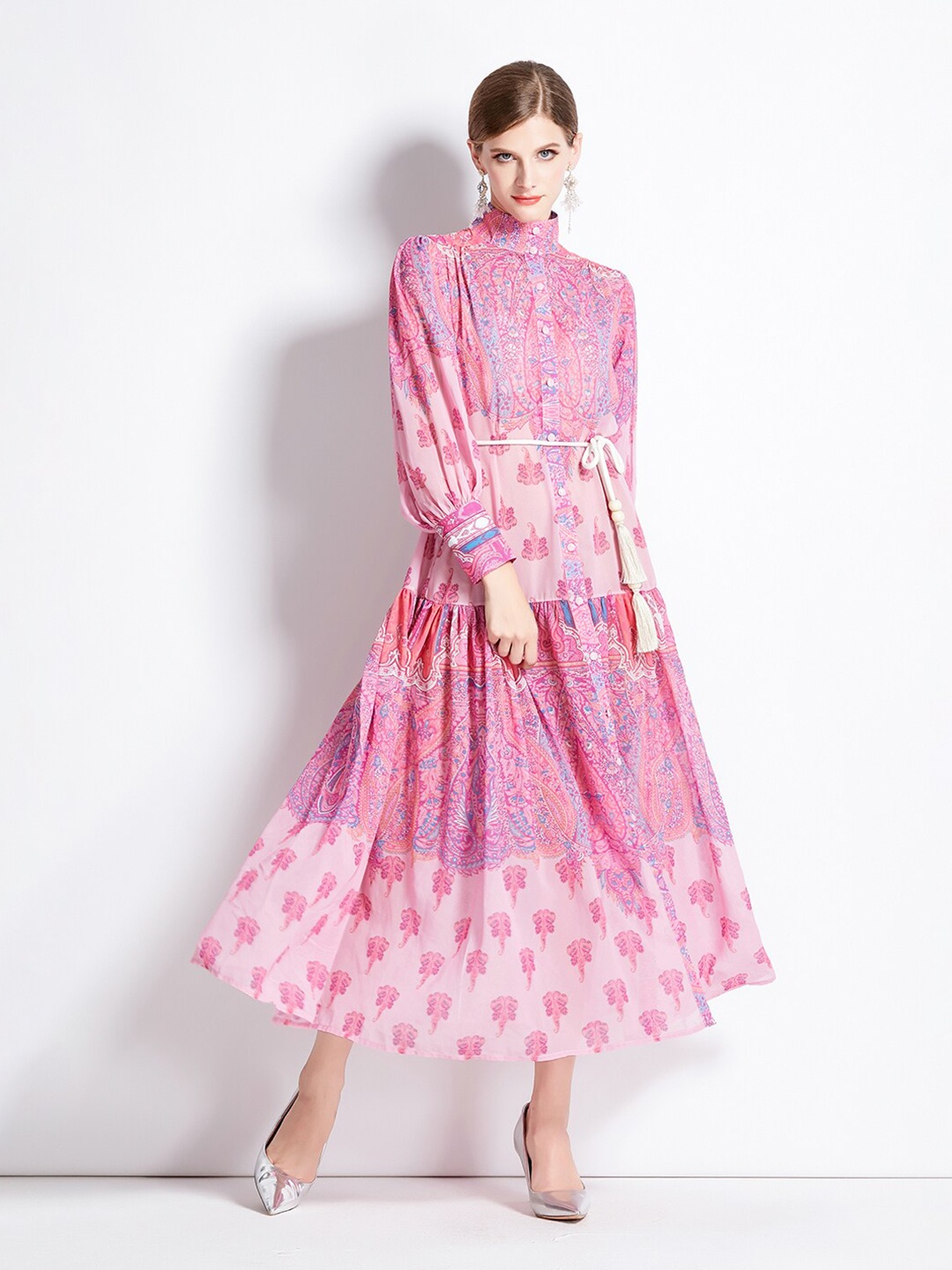 

JC Collection Ethnic Motifs Printed Tie Ups Fit & Flare Midi Dress, Pink