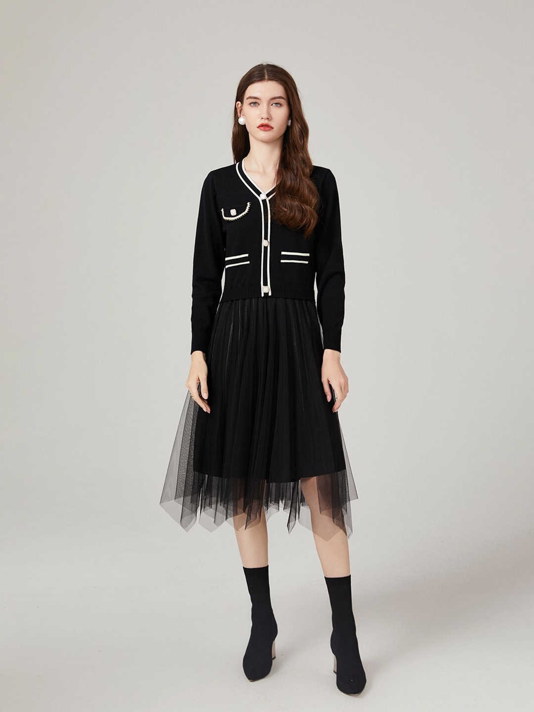

JC Collection V-Neck Fit & Flare Dress, Black