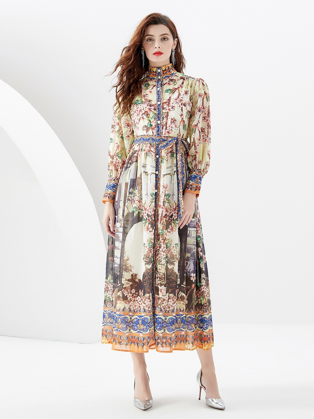 

JC Collection Floral Printed Puff Sleeves Gathered Detail Fit & Flare Midi Dress With Belt, Khaki